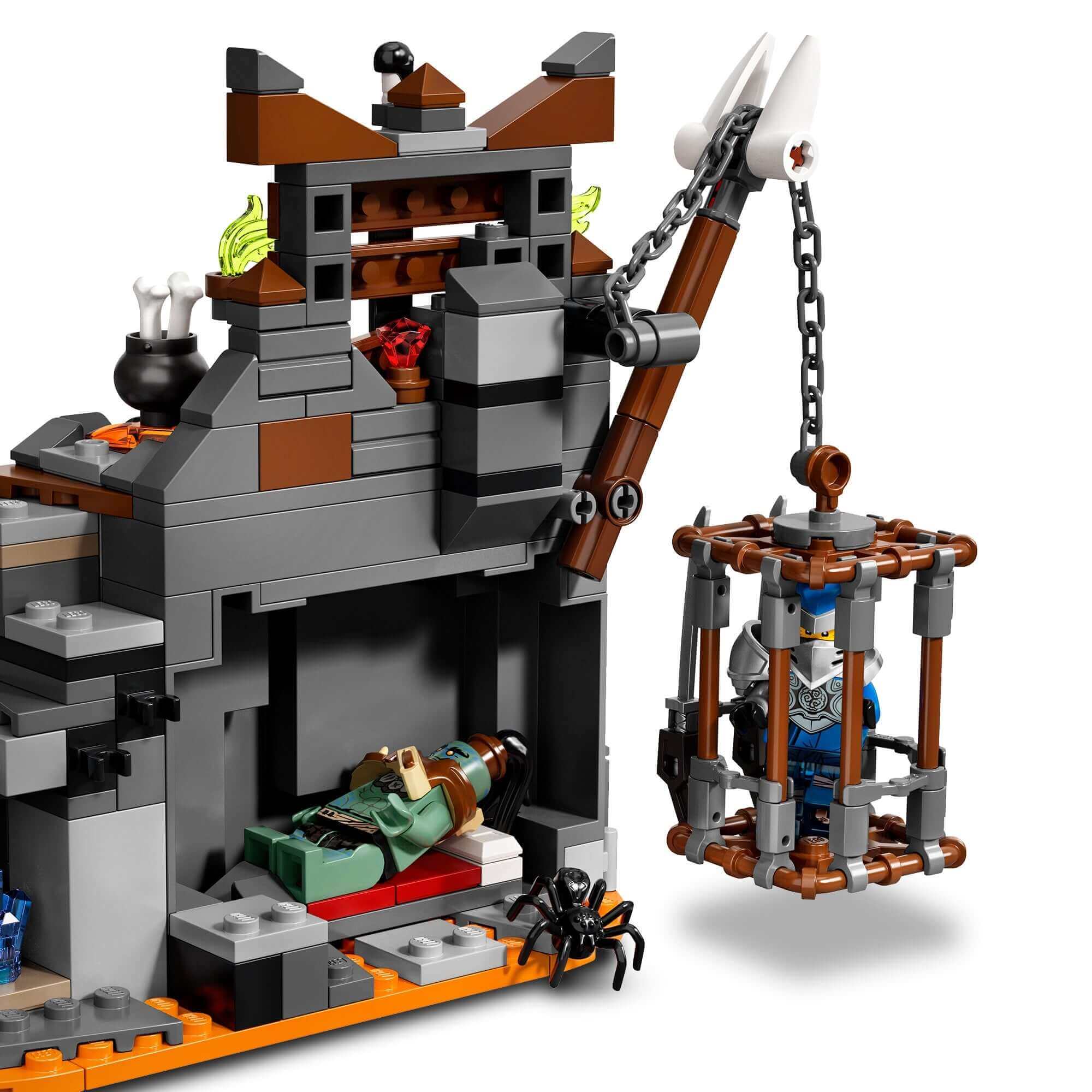 LEGO NINJAGO Journey to the Skull Dungeons Set 71717 with imprisoned ninja, dungeon setting, and spider.