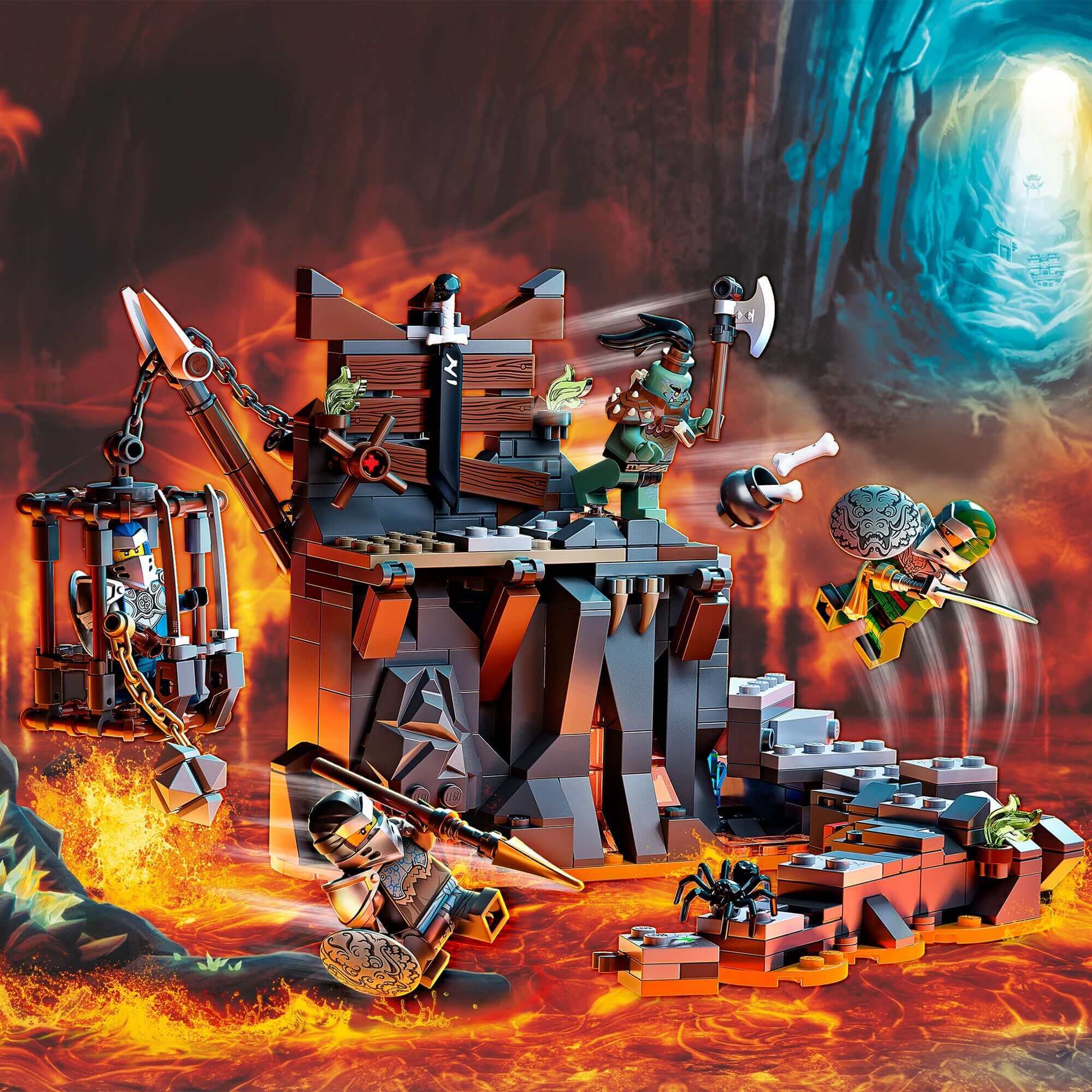 LEGO NINJAGO Journey to the Skull Dungeons Set 71717 with ninjas, dungeon, and lava background for thrilling play.