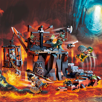 LEGO NINJAGO Journey to the Skull Dungeons Set 71717 with ninjas, dungeon, and lava background for thrilling play.