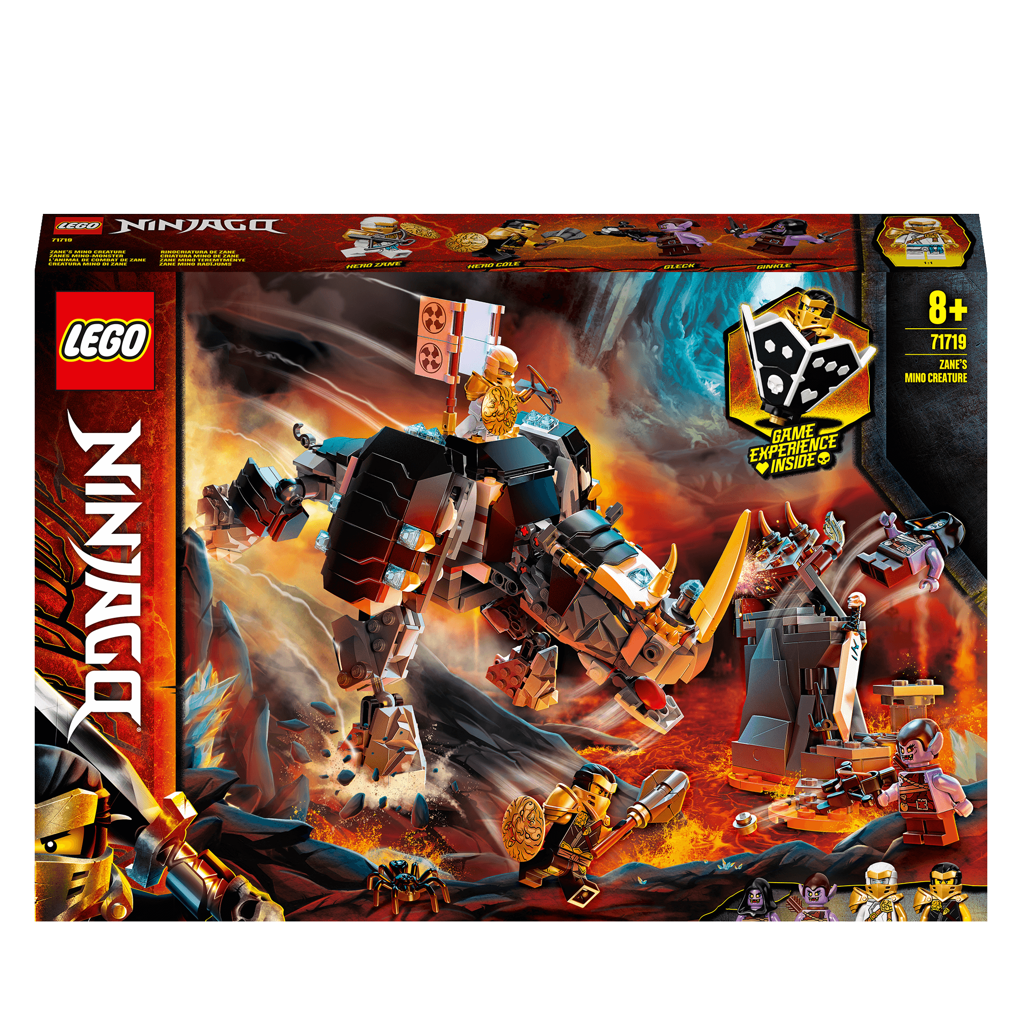 LEGO NINJAGO Zane's Mino Creature 2in1 Set 71719, featuring Cole, Zane, and Geckles in Shintaro dungeon battles.