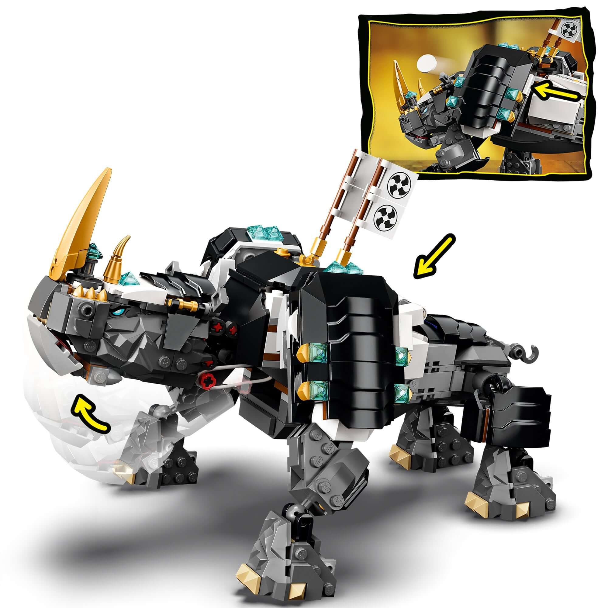 LEGO NINJAGO Zane's Mino Creature set 71719 featuring a black creature with horns and action features for ninja battles.