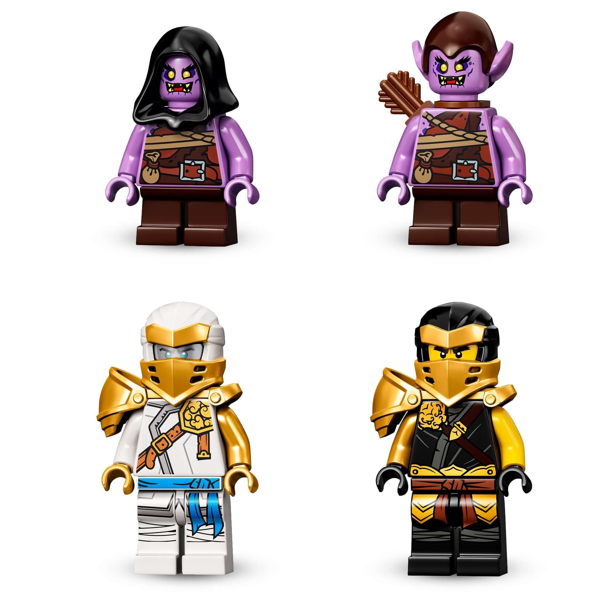 LEGO NINJAGO minifigures including Hero Cole, Hero Zane, and two Geckles from Zane's Mino Creature set 71719.