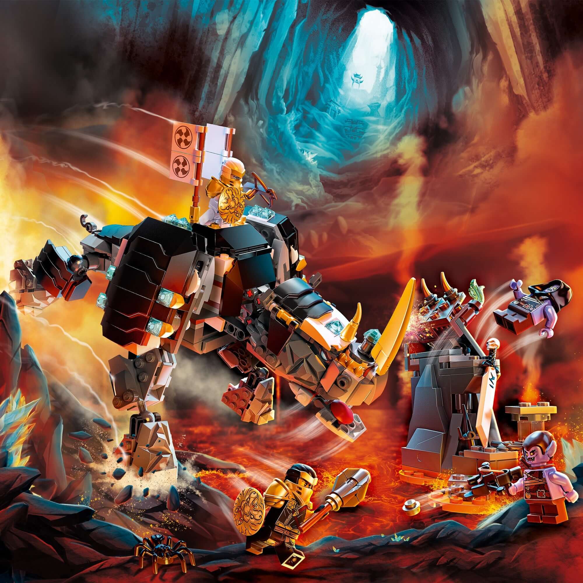 LEGO NINJAGO Zane's Mino Creature set featuring Zane and Cole battling Geckles in Shintaro's dungeons.