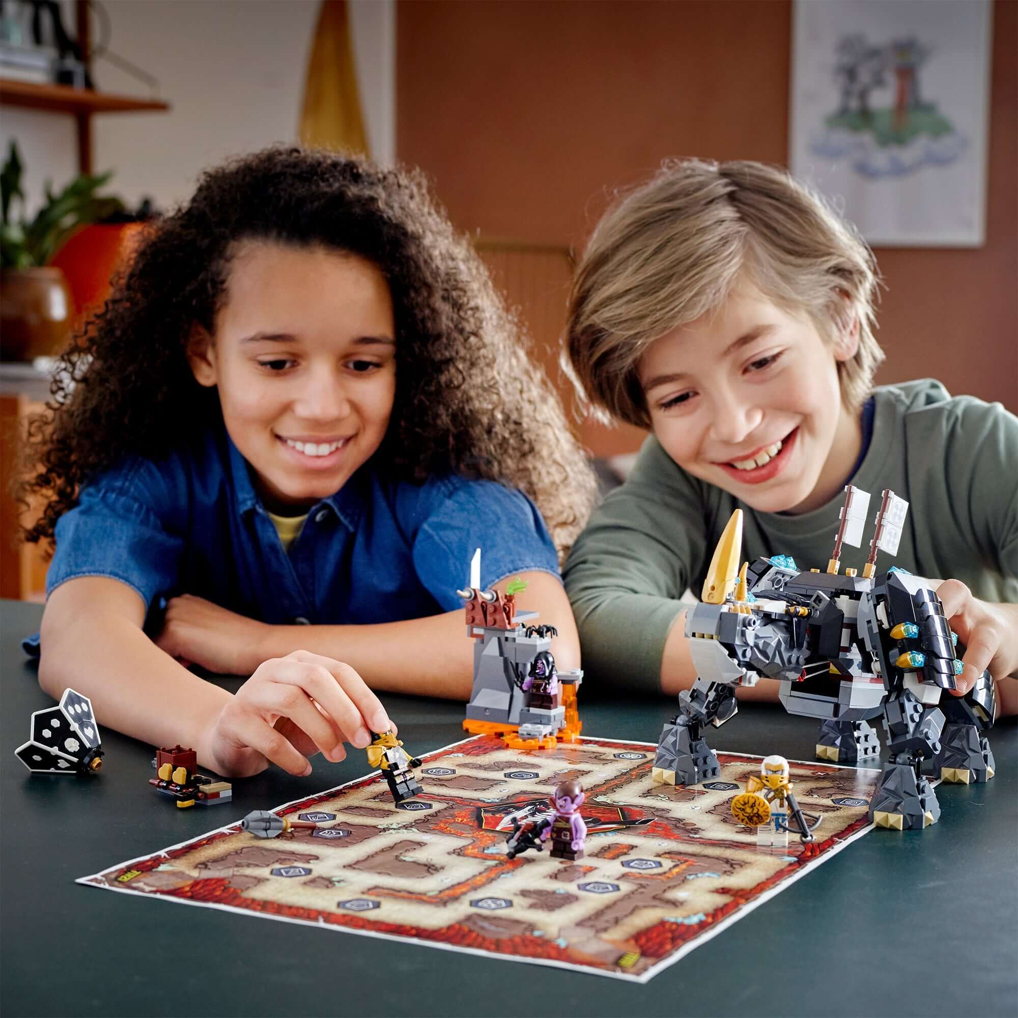 Kids playing with LEGO® NINJAGO Zane's Mino Creature set, battling fearsome Geckles in the Dungeons of Shintaro.