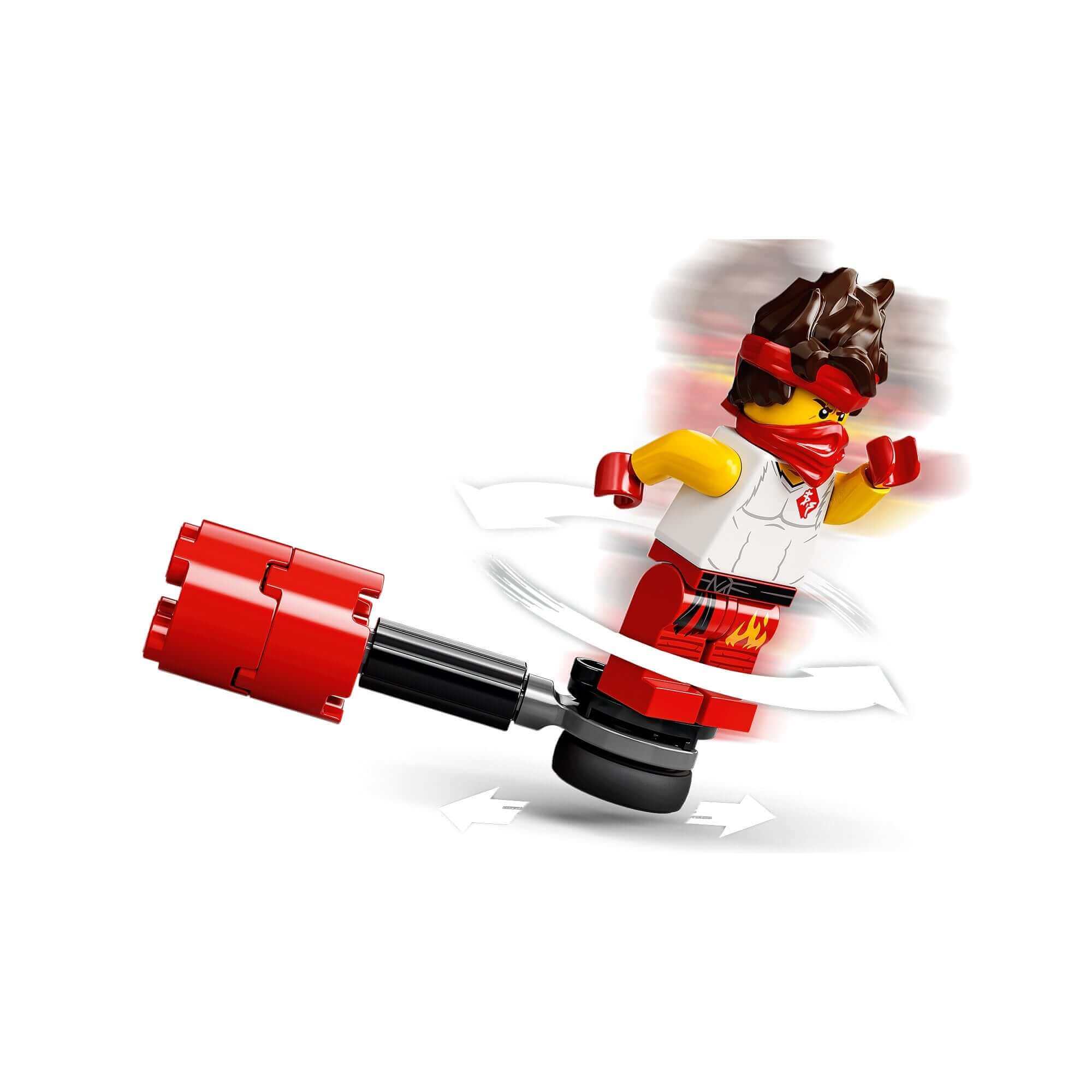 LEGO® NINJAGO Kai minifigure spinning into action with red and black spinning feature, from Epic Battle Set 71730.