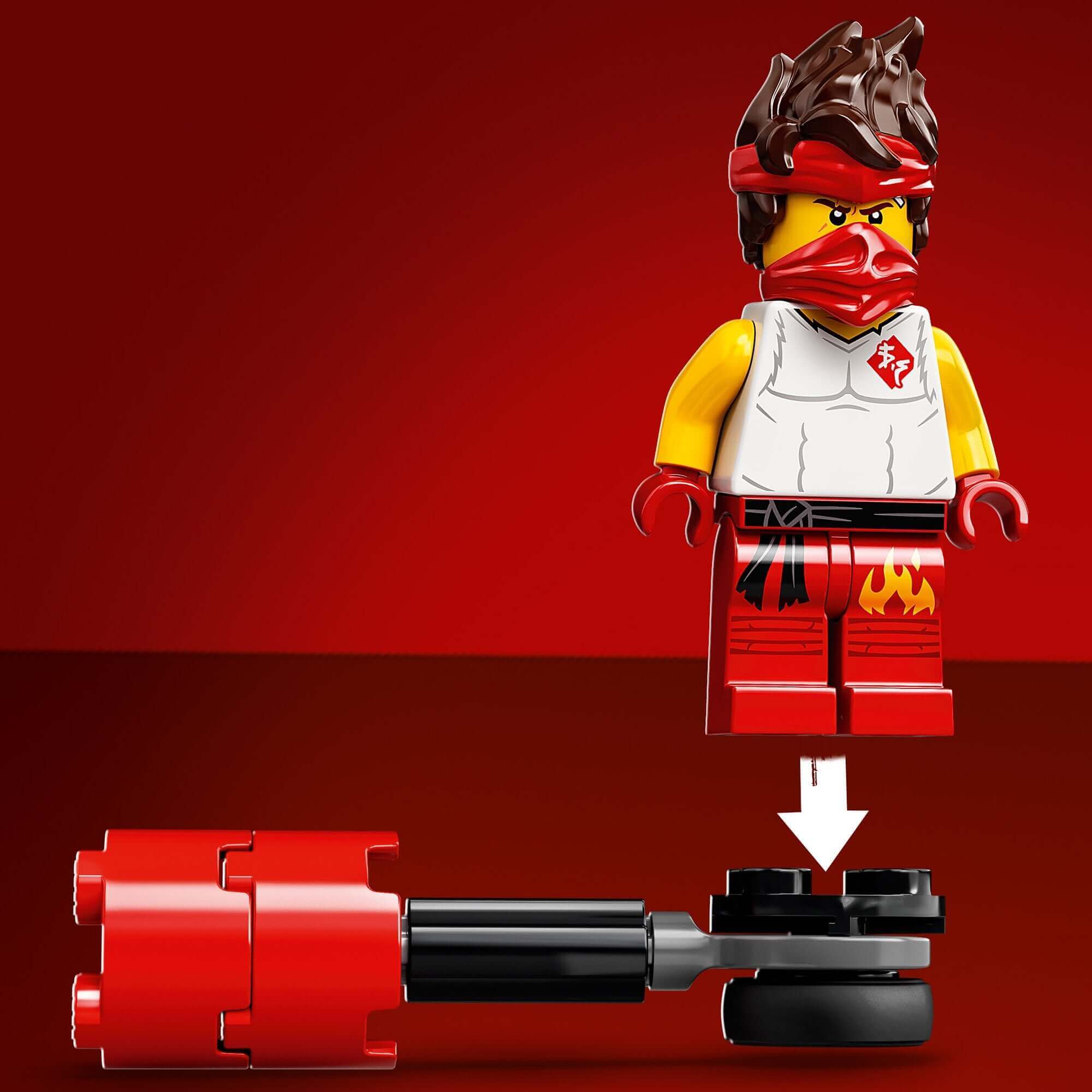 LEGO® NINJAGO Kai minifigure with weapon piece for epic battles in the Kai vs. Skulkin 71730 set.