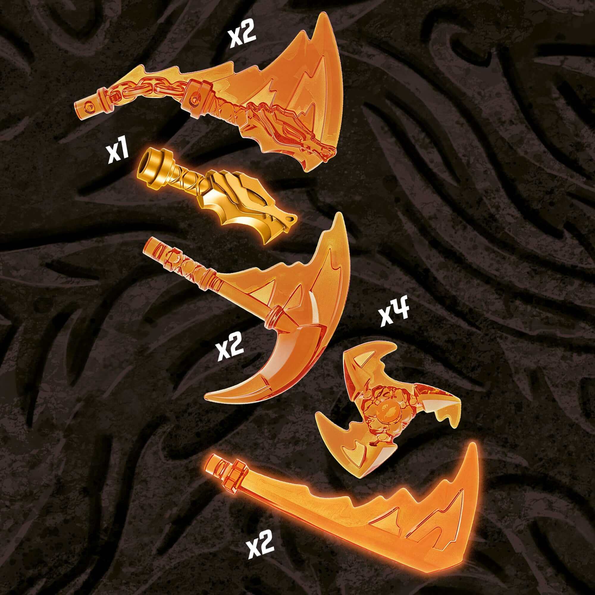 Collection of LEGO® NINJAGO weapons including axes and swords, ideal for epic battles between Kai and Skulkin.
