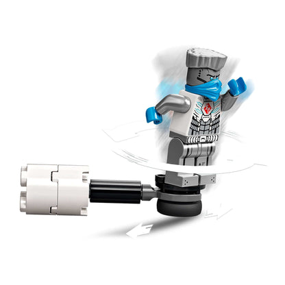 LEGO NINJAGO Zane action figure spinning with blue scarf, featured in the Epic Battle Set 71731.