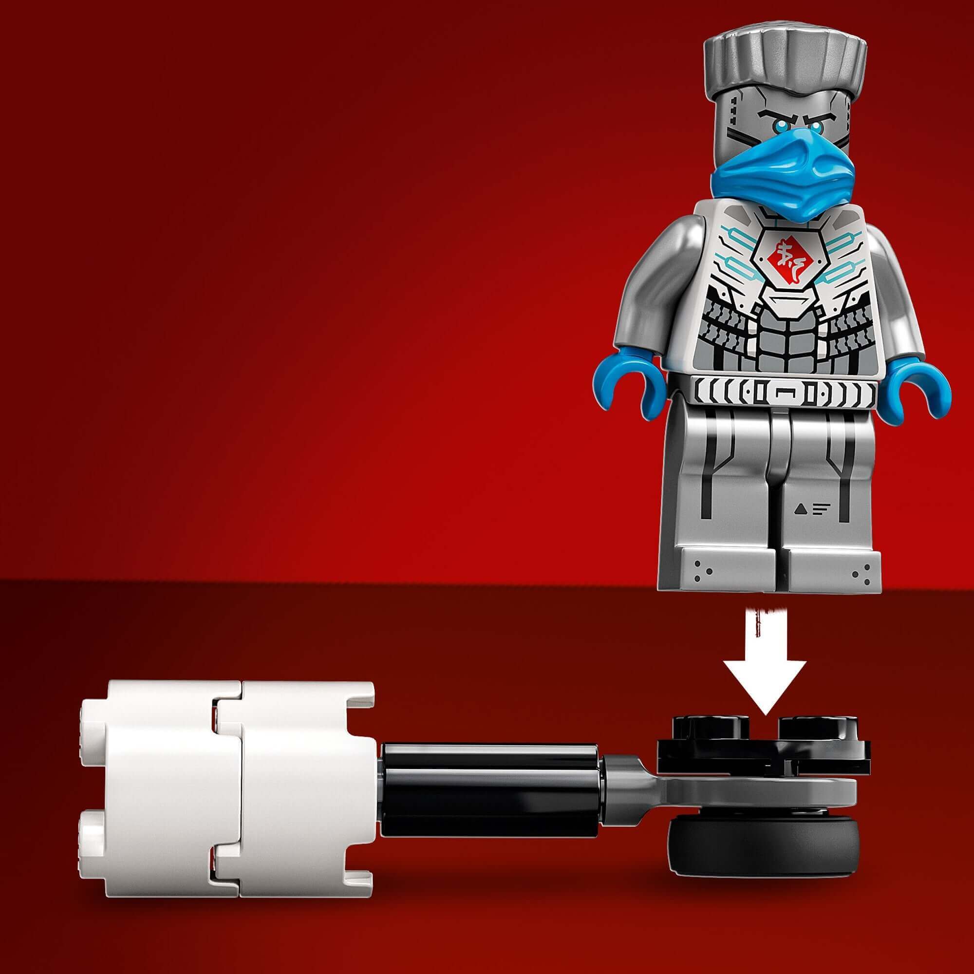 LEGO® NINJAGO Zane minifigure preparing for battle against Nindroid in action scene from set 71731.