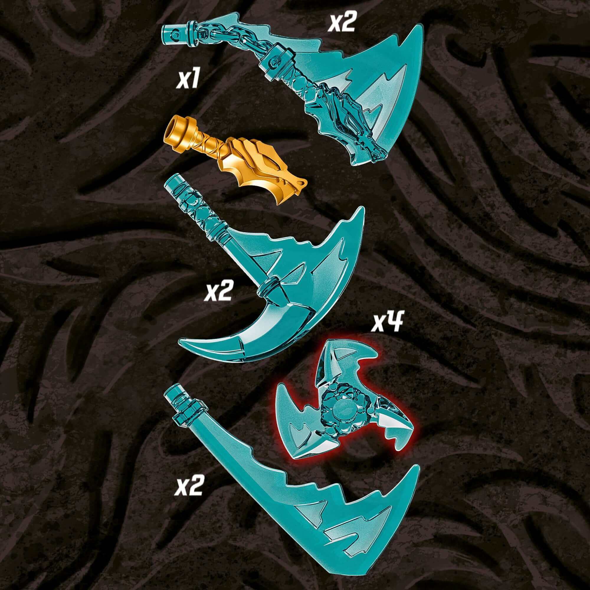 Collection of LEGO NINJAGO weapons including axes, blades, and shurikens for battle scenes.