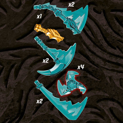 Collection of LEGO NINJAGO weapons including axes, blades, and shurikens for battle scenes.
