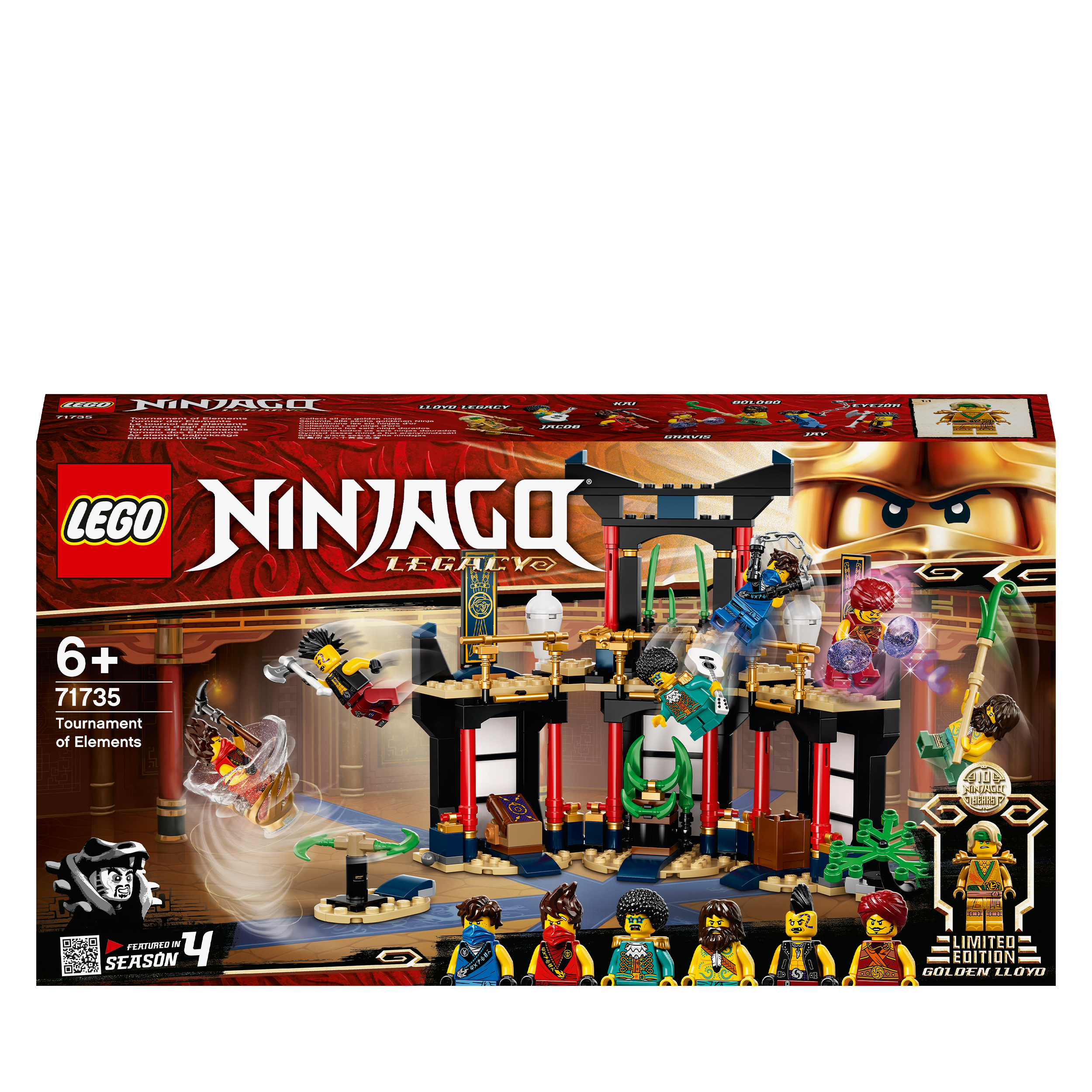 LEGO NINJAGO Legacy Tournament of Elements Set 71735 with minifigures and temple design for ninja battles.