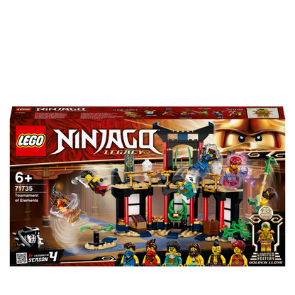 LEGO NINJAGO Legacy Tournament of Elements Set 71735 with minifigures and temple design for ninja battles.