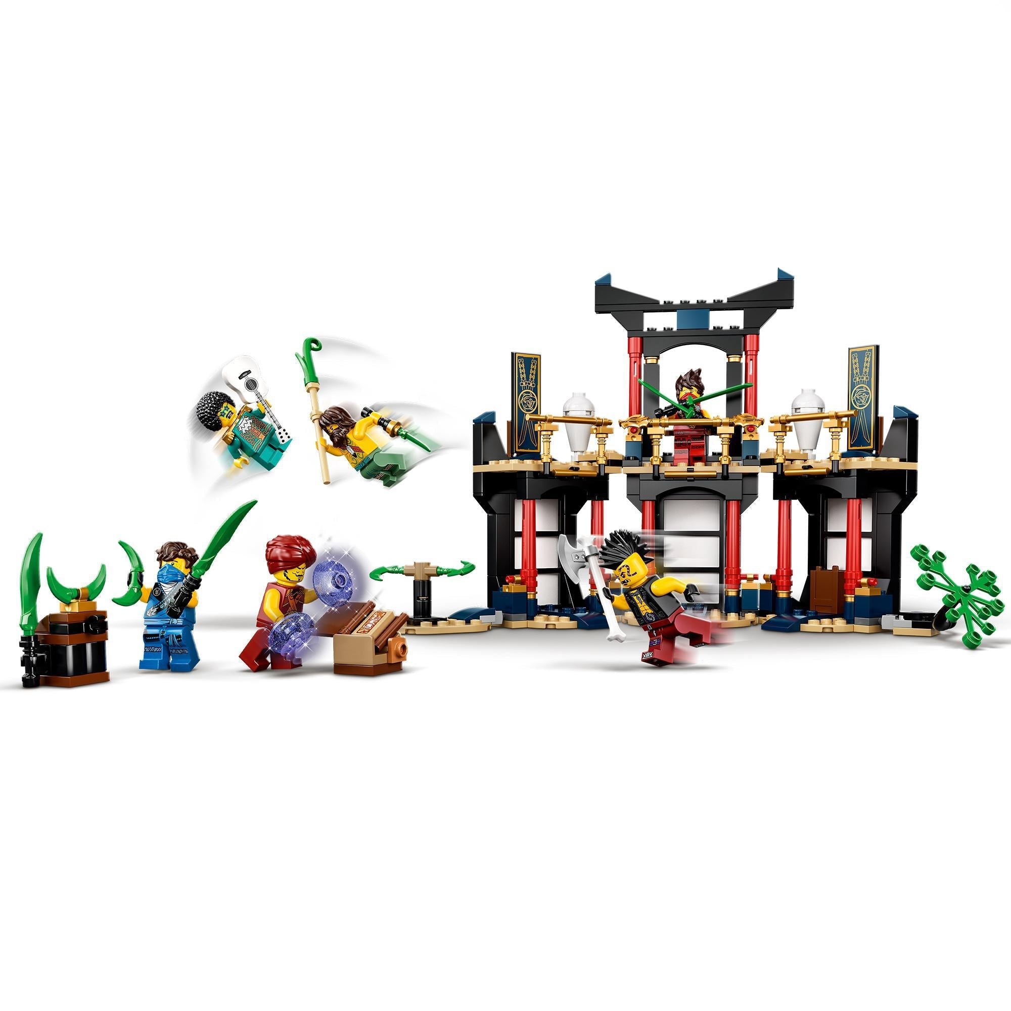 LEGO NINJAGO Legacy Tournament of Elements Set 71735, featuring minifigures, weapons, and a detailed temple for battles.