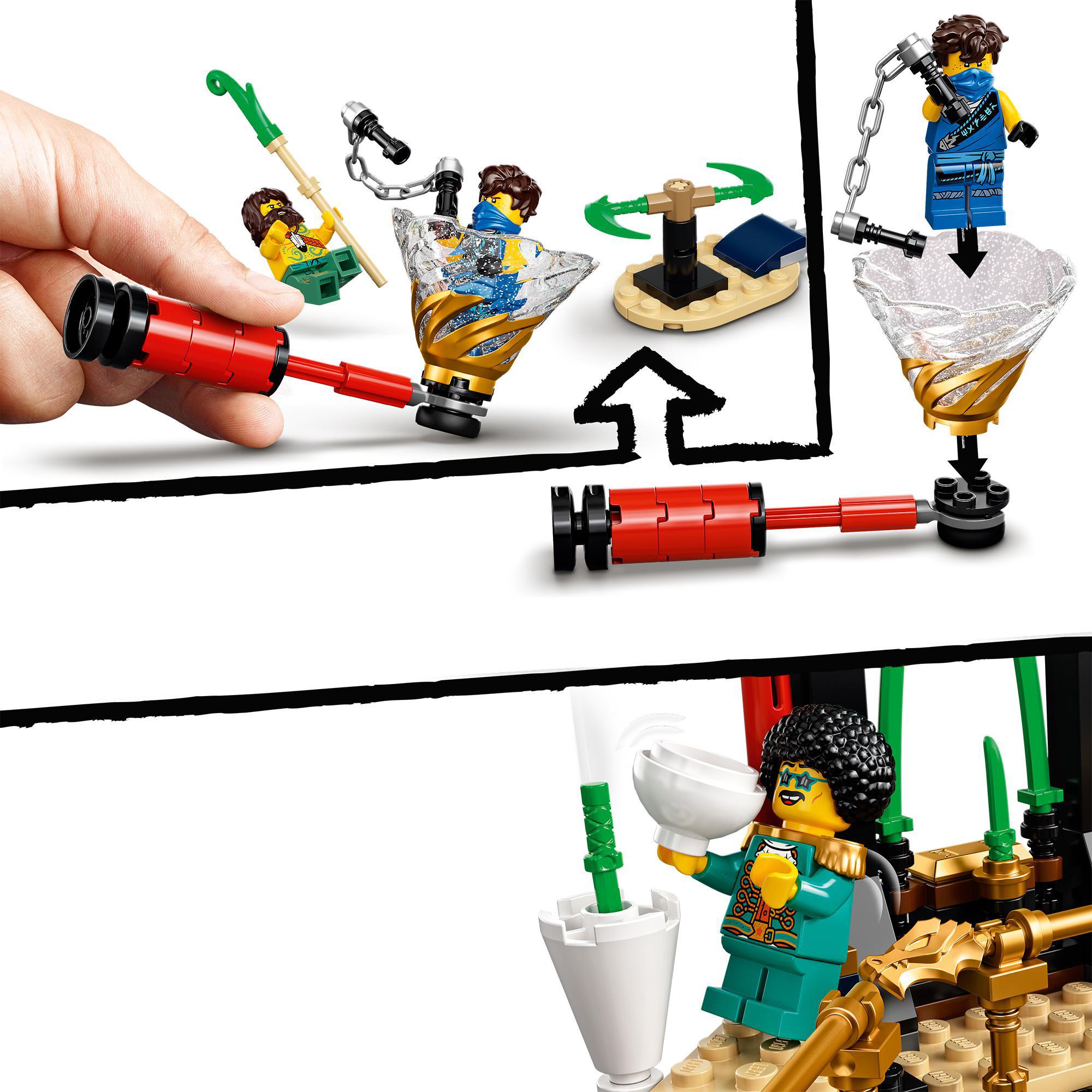 LEGO NINJAGO Legacy Tournament of Elements Set 71735 showing detailed temple scenes and minifigures in action.