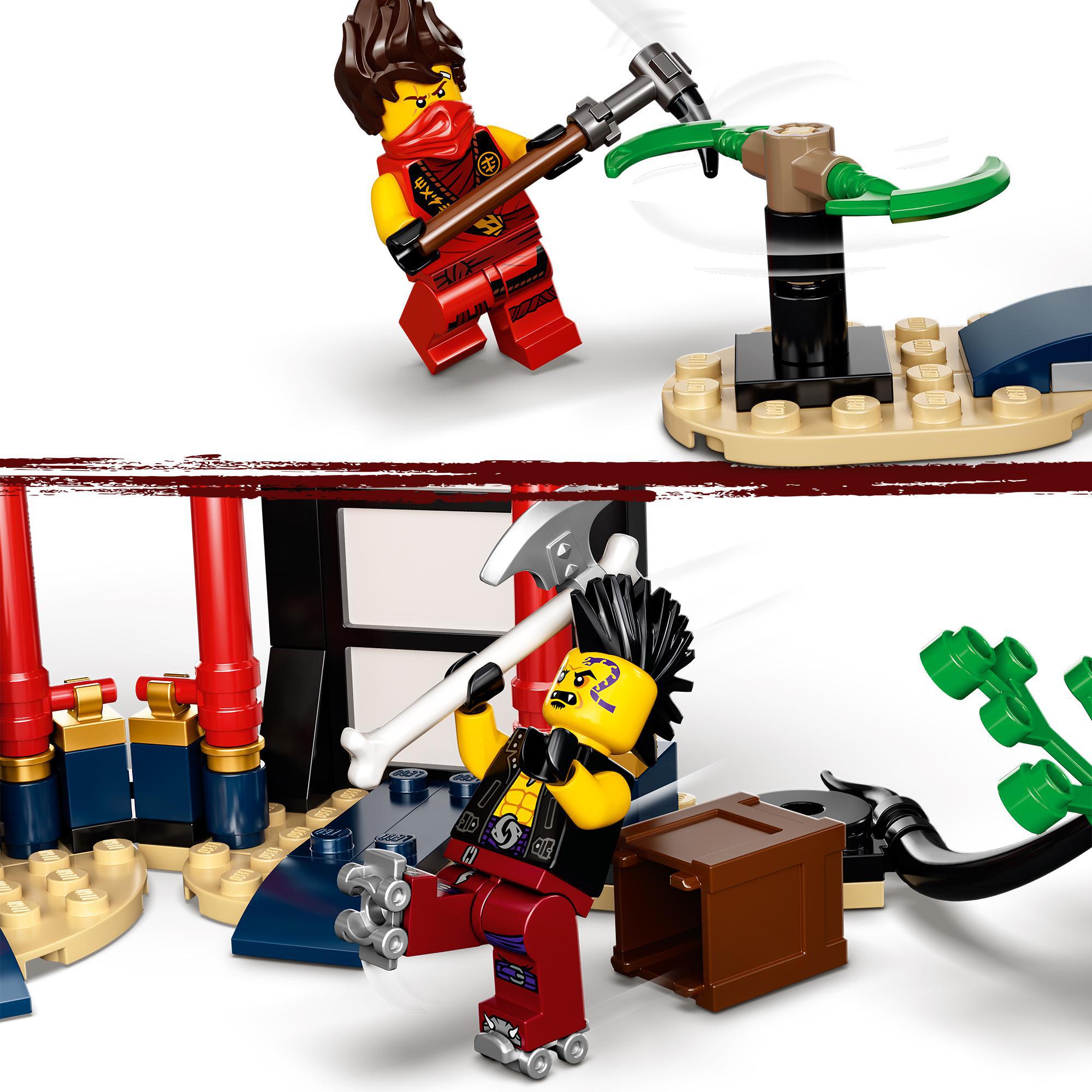 LEGO NINJAGO Legacy Tournament of Elements set with minifigures battling in a detailed temple environment.