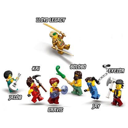 LEGO NINJAGO Legacy set 71735 minifigures including Lloyd, Kai, Jacob, Bólobó, Gravis, Jay, and Eyezôr.