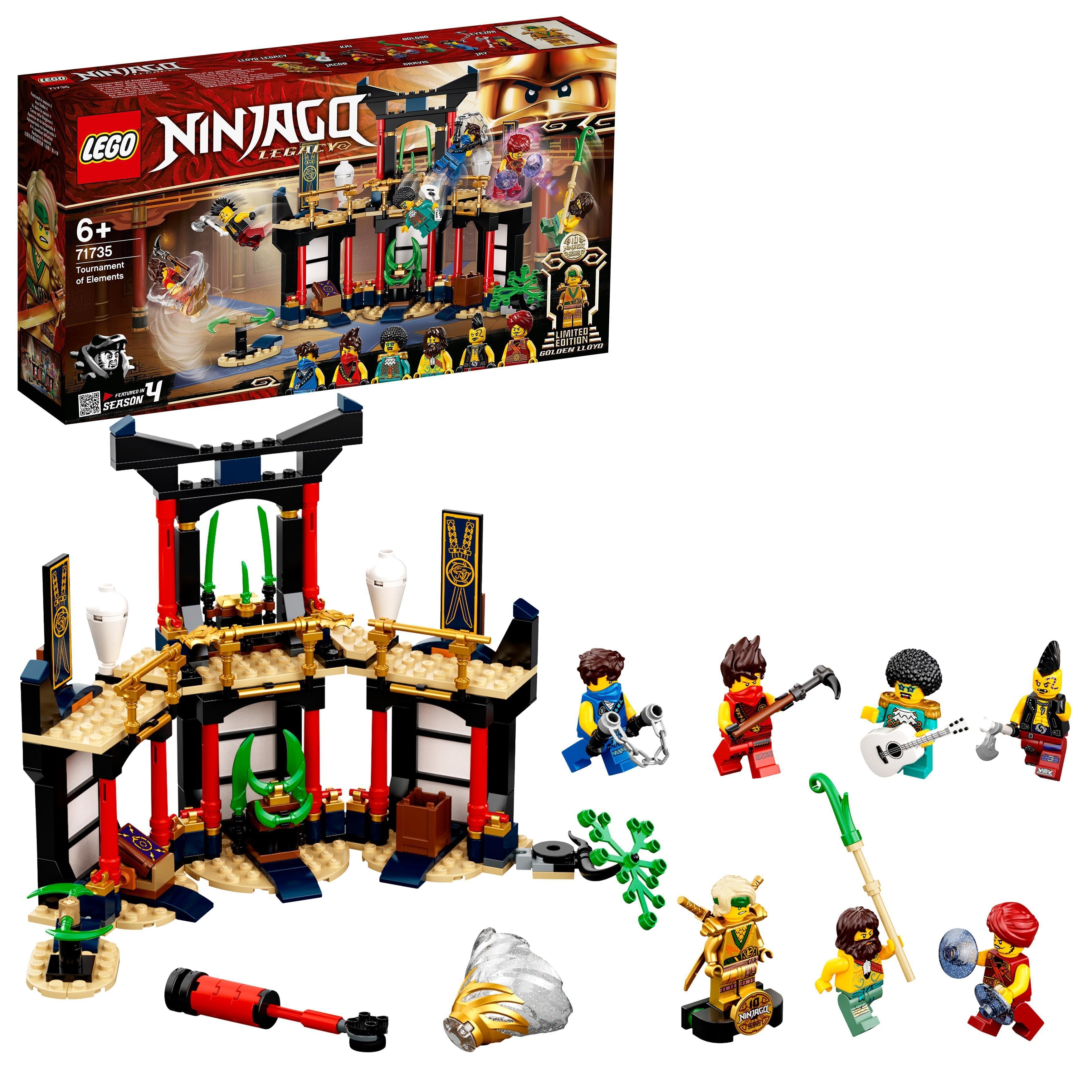 LEGO NINJAGO Legacy Tournament of Elements Set 71735 with minifigures and temple design for ninja battles.