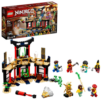 LEGO NINJAGO Legacy Tournament of Elements Set 71735 with minifigures and temple design for ninja battles.