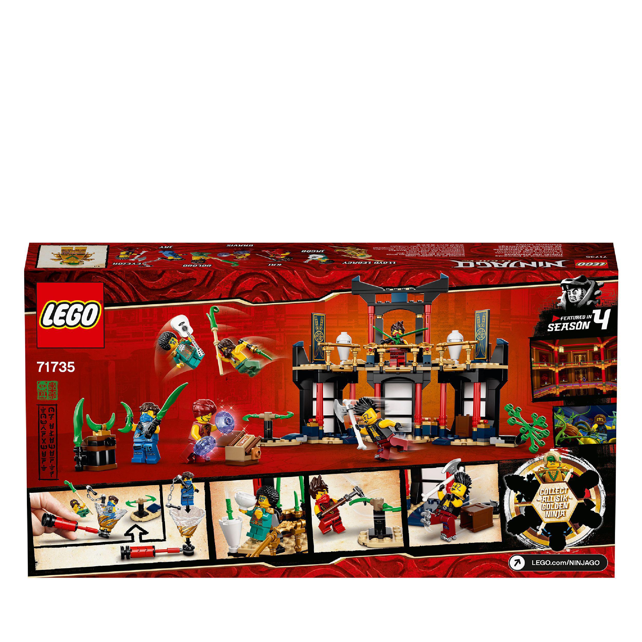LEGO® NINJAGO Legacy Tournament of Elements Set 71735 with minifigures and weapons for ninja battles.