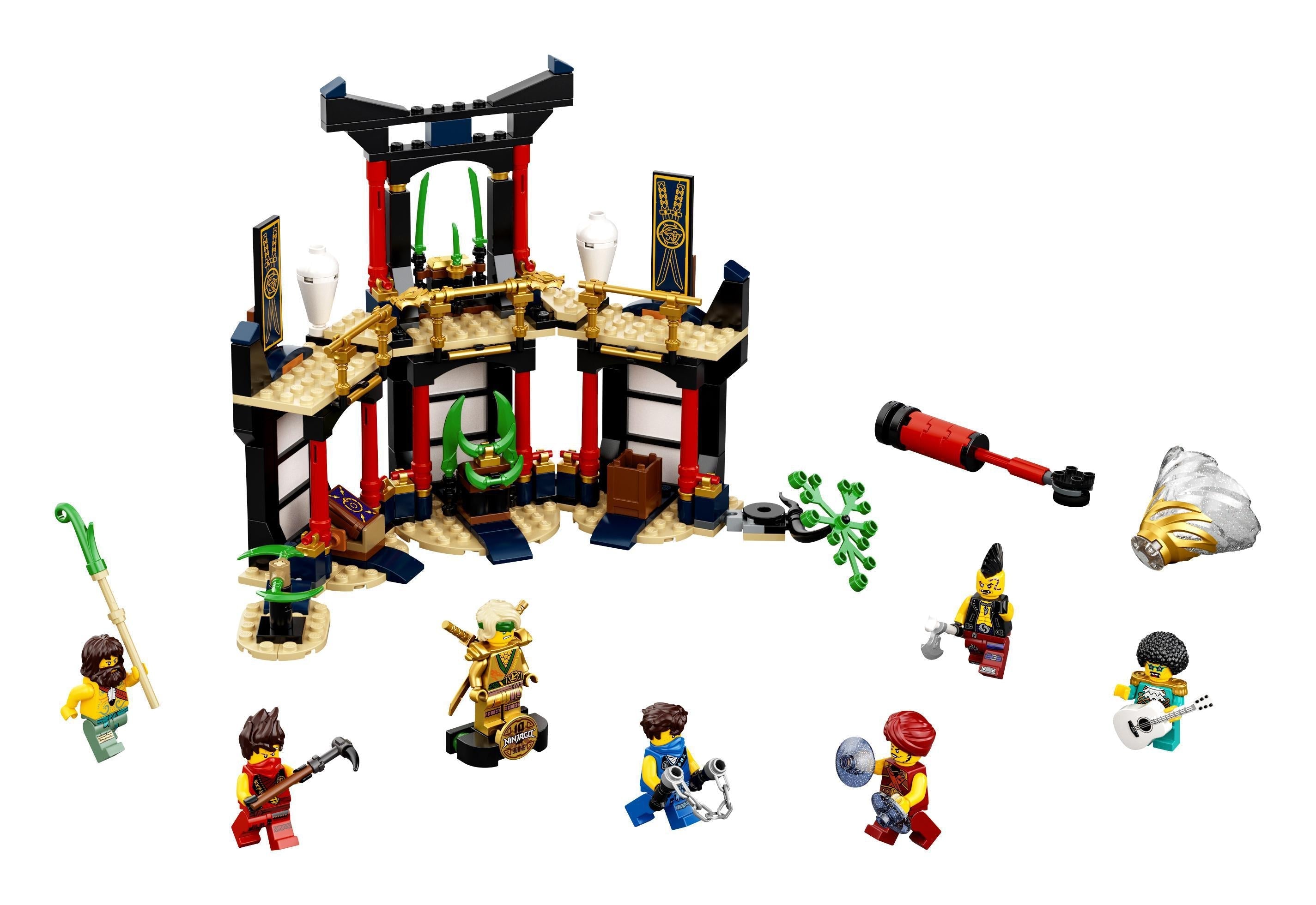 LEGO NINJAGO Legacy Tournament of Elements Set 71735 with minifigures, temple, and weapons for ninja battles.