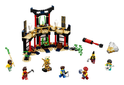 LEGO NINJAGO Legacy Tournament of Elements Set 71735 with minifigures, temple, and weapons for ninja battles.