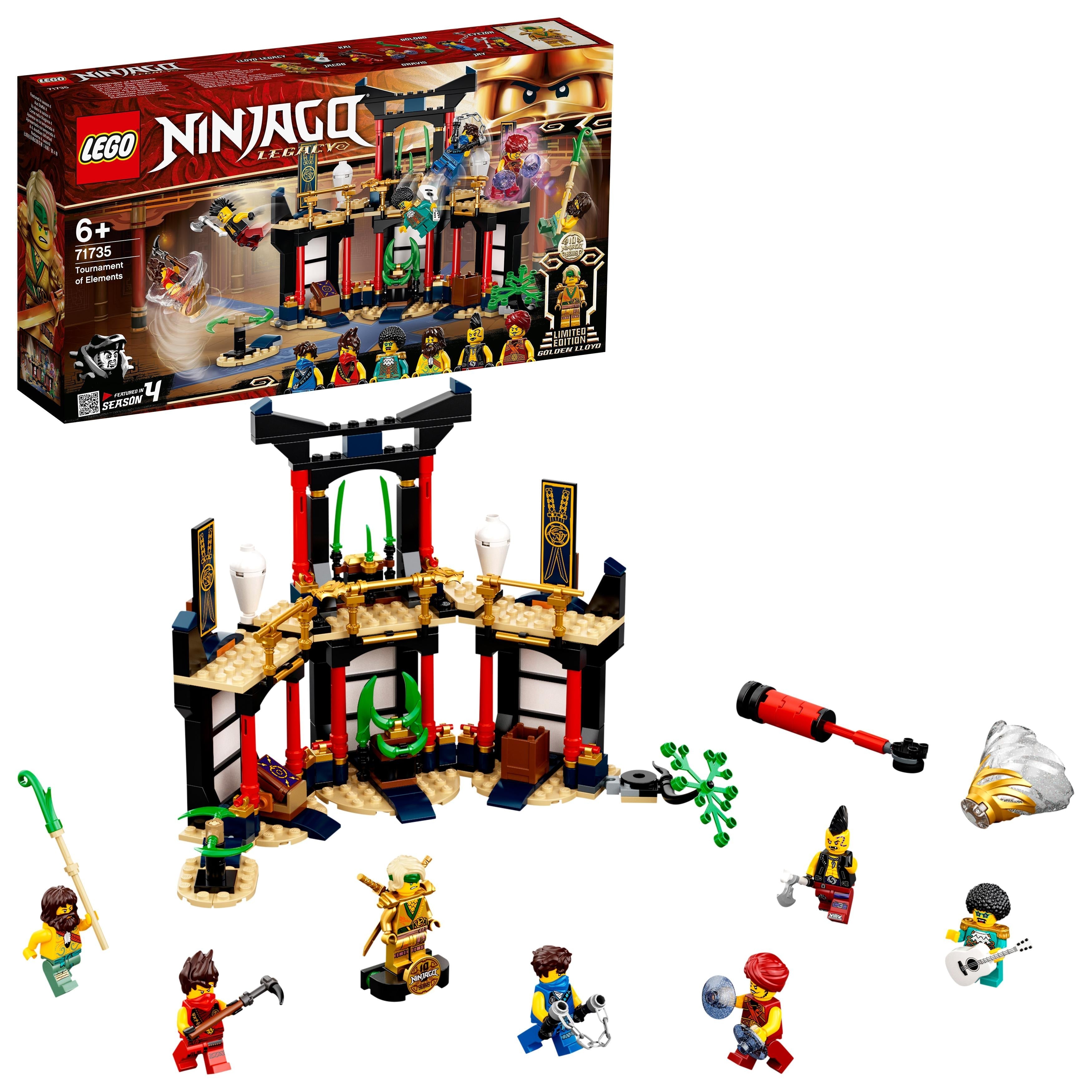 LEGO NINJAGO Legacy Tournament of Elements Set 71735 with minifigures and temple for battles and ninja skills.