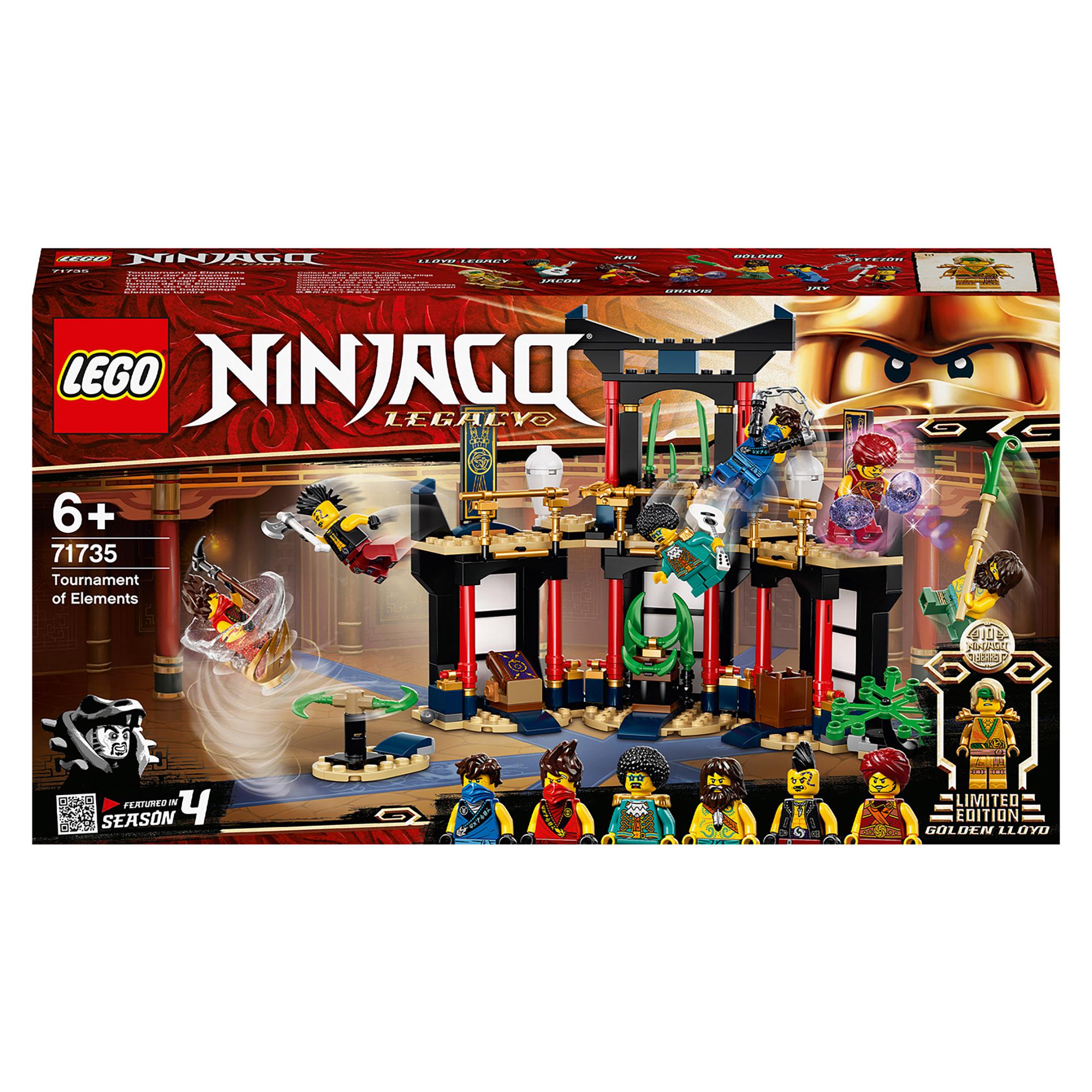 LEGO NINJAGO Legacy Tournament of Elements Set 71735 with minifigures, weapons, and detailed temple design.