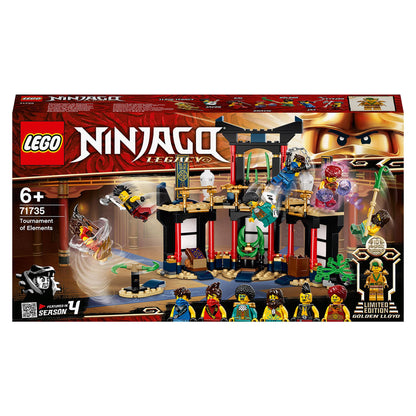 LEGO NINJAGO Legacy Tournament of Elements Set 71735 with minifigures, weapons, and detailed temple design.