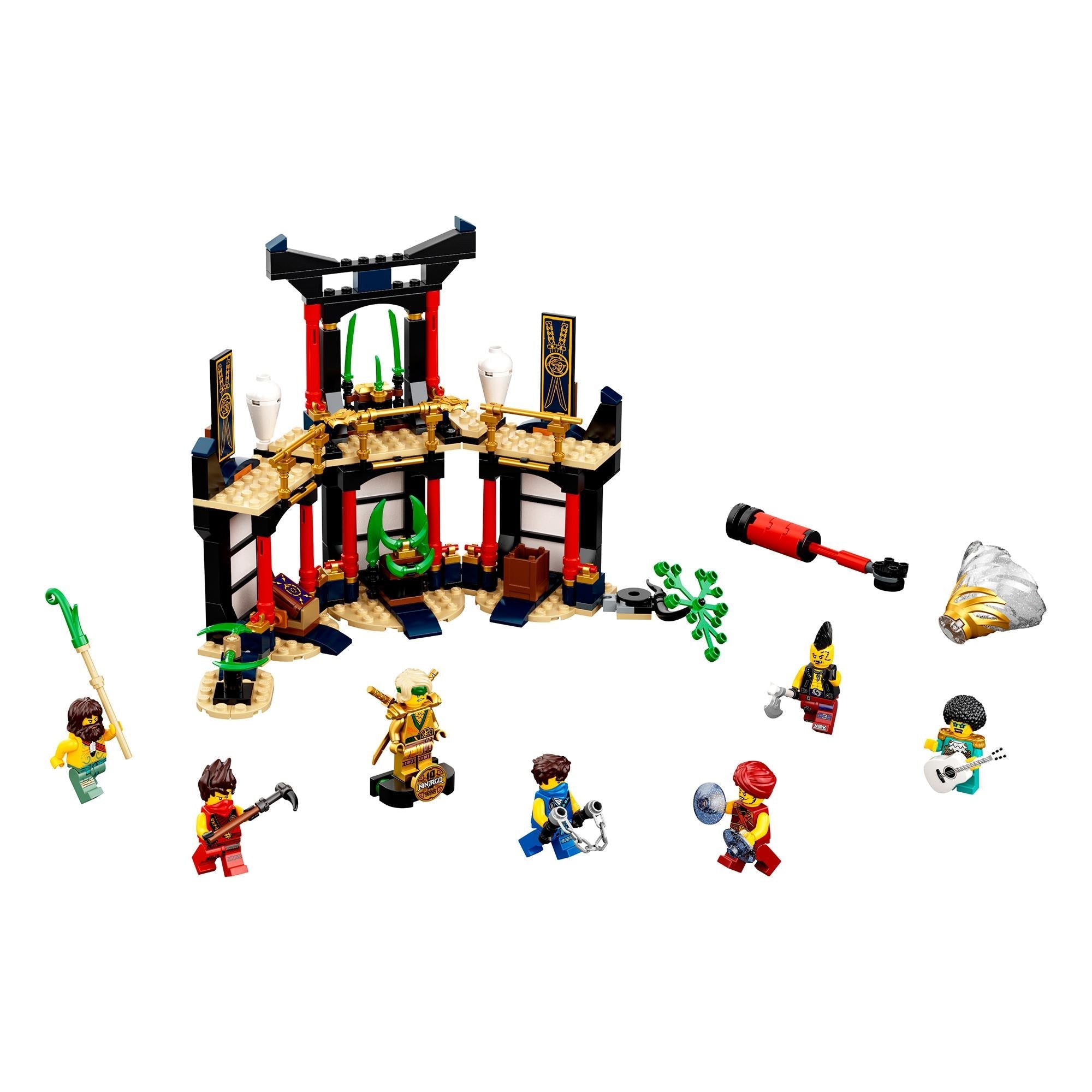 LEGO NINJAGO Legacy Tournament of Elements Set 71735 with minifigures and weapons for ninja battles.