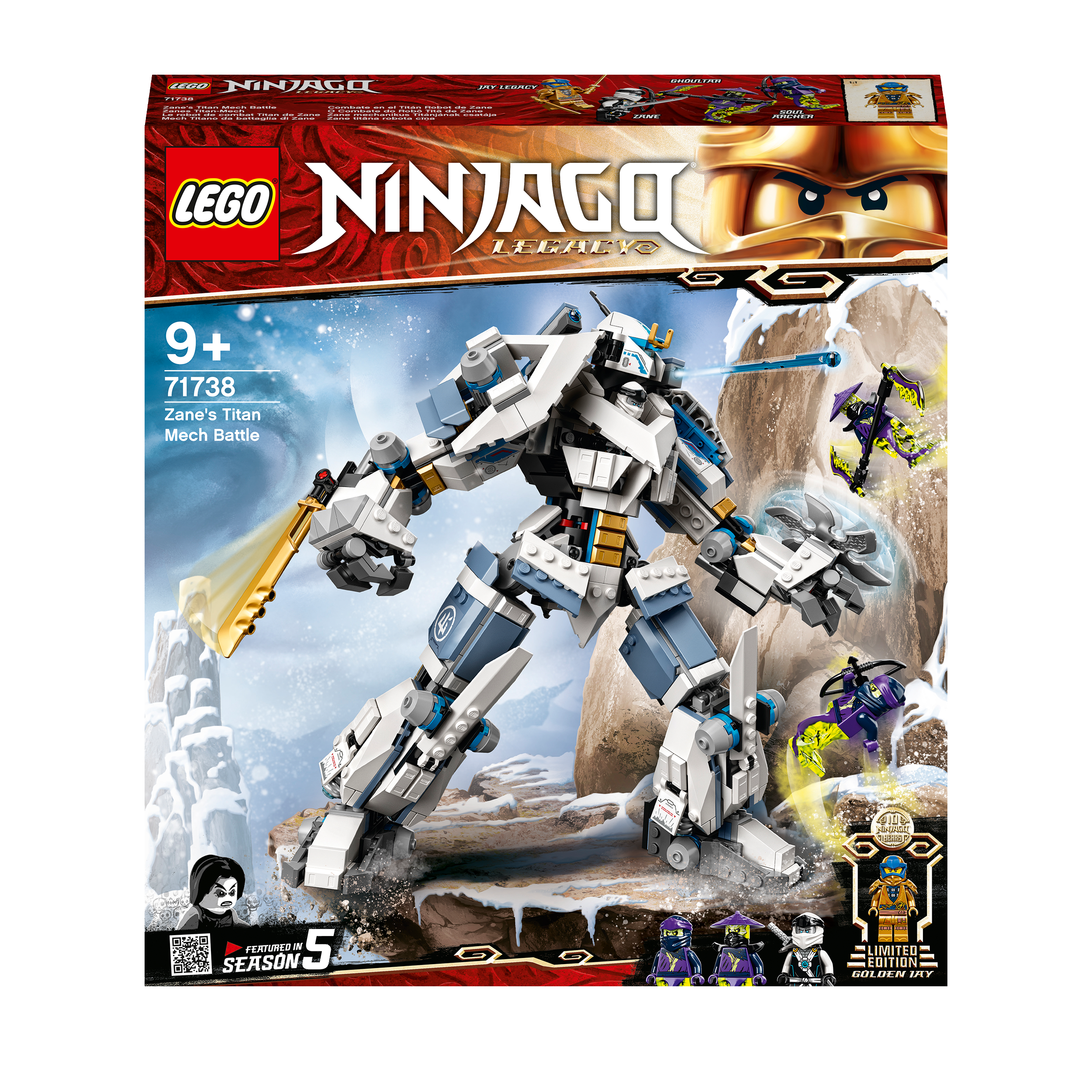 LEGO NINJAGO Legacy Zane’s Titan Mech Toy 71738 box featuring posable mech and ninja figures, ideal for adventurous play.
