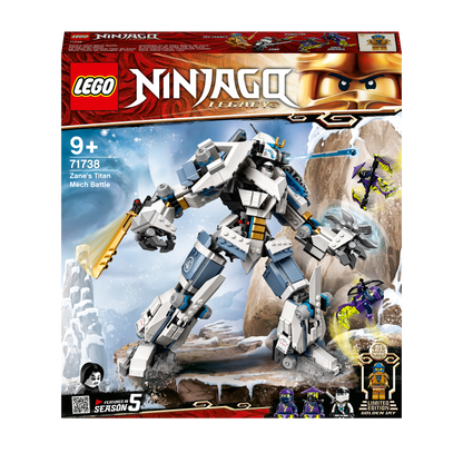 LEGO NINJAGO Legacy Zane’s Titan Mech Toy 71738 box featuring posable mech and ninja figures, ideal for adventurous play.