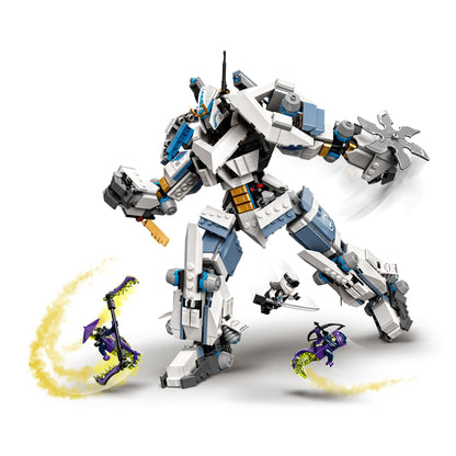 LEGO NINJAGO Zane's Titan Mech 71738 with posable features and battle accessories for ninja adventures.