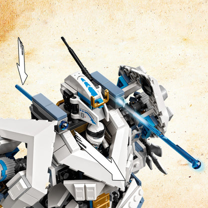 Zane's Titan Mech toy showing articulated joints and blue energy weapon, perfect for LEGO NINJAGO battles.