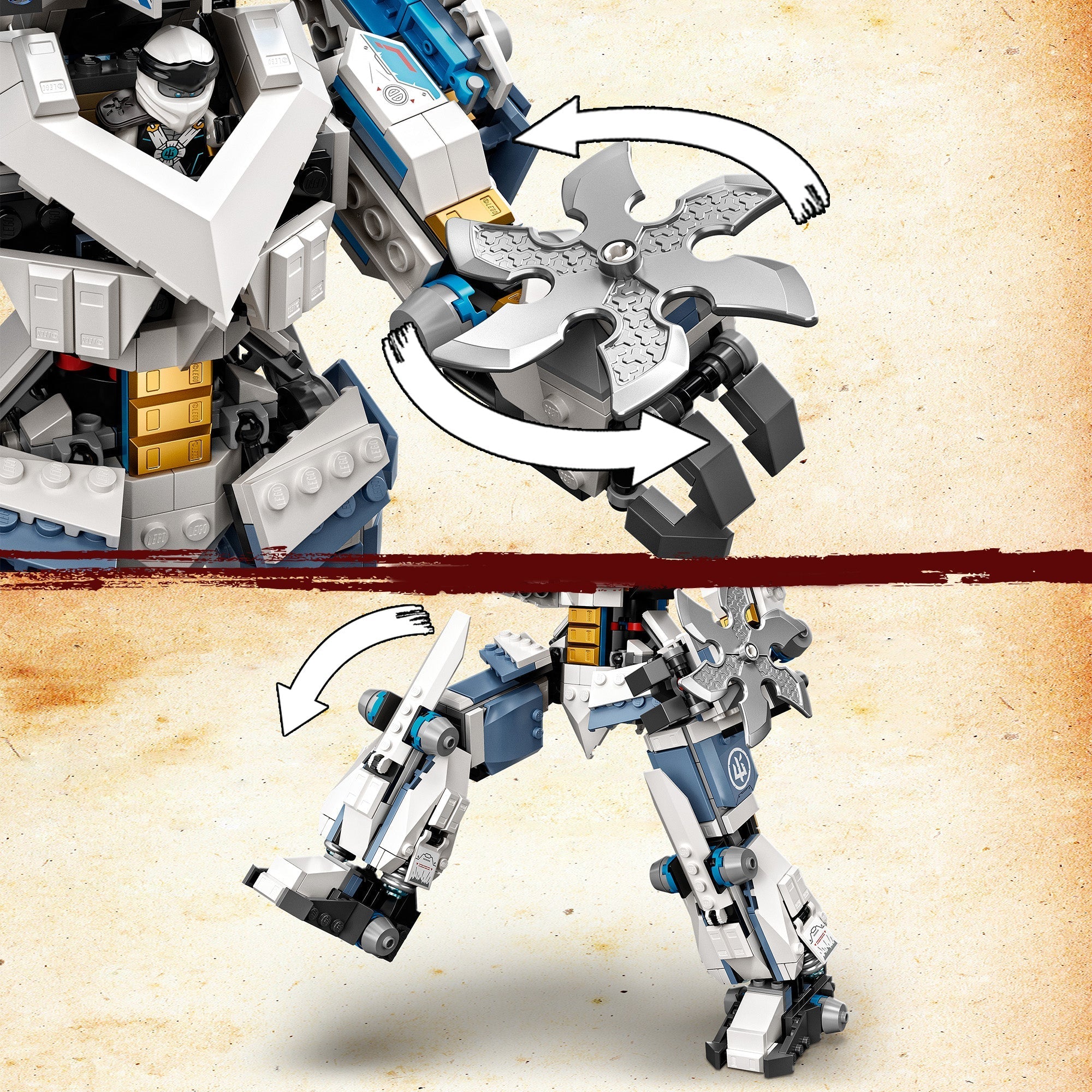 LEGO® NINJAGO Zane’s Titan Mech 71738 showcasing posable arms and legs for exciting ninja adventures.