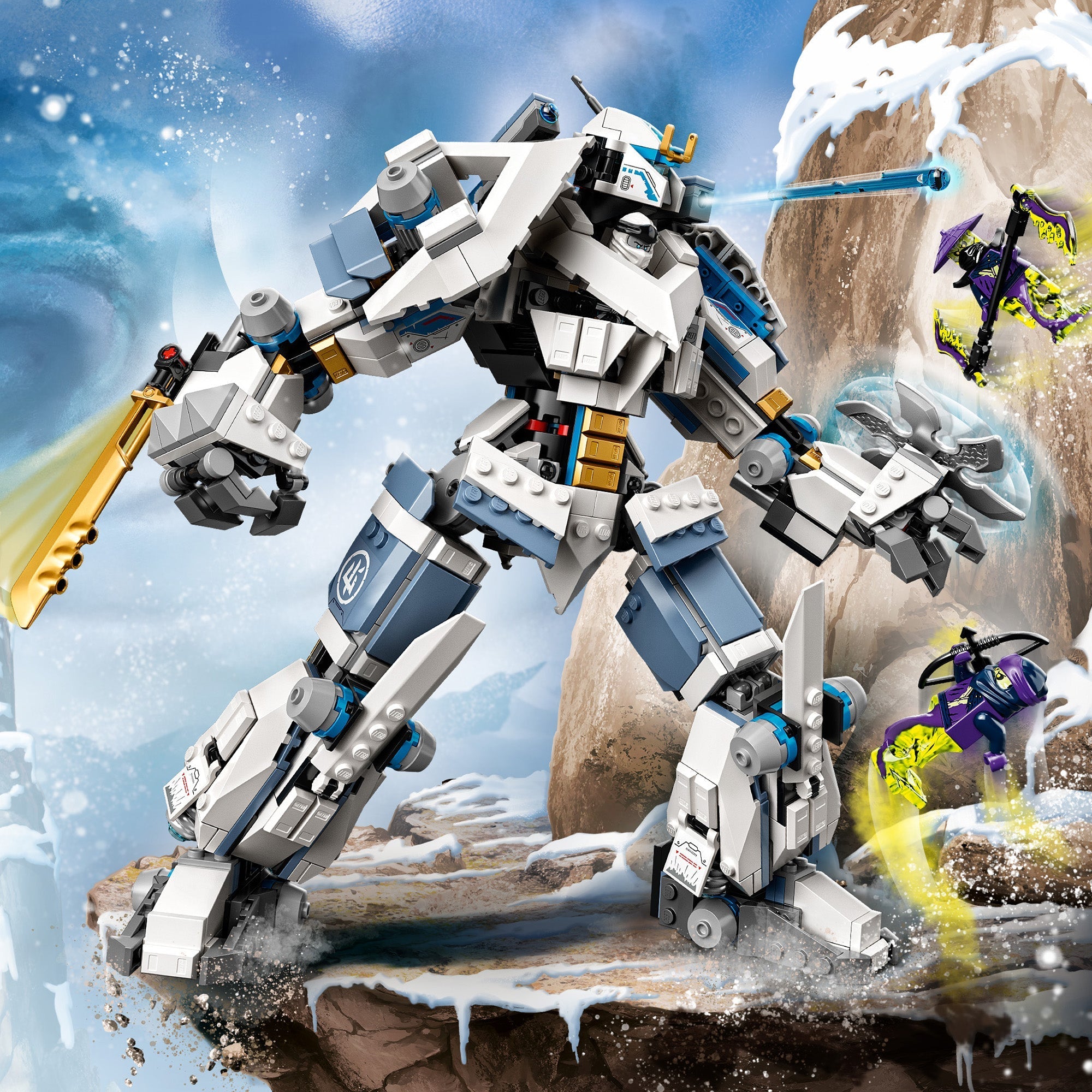 LEGO® NINJAGO Zane’s Titan Mech 71738 with dynamic poses and action figures in a snowy environment.