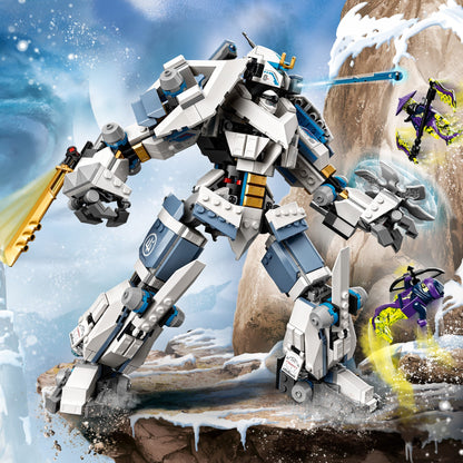 LEGO® NINJAGO Zane’s Titan Mech 71738 with dynamic poses and action figures in a snowy environment.