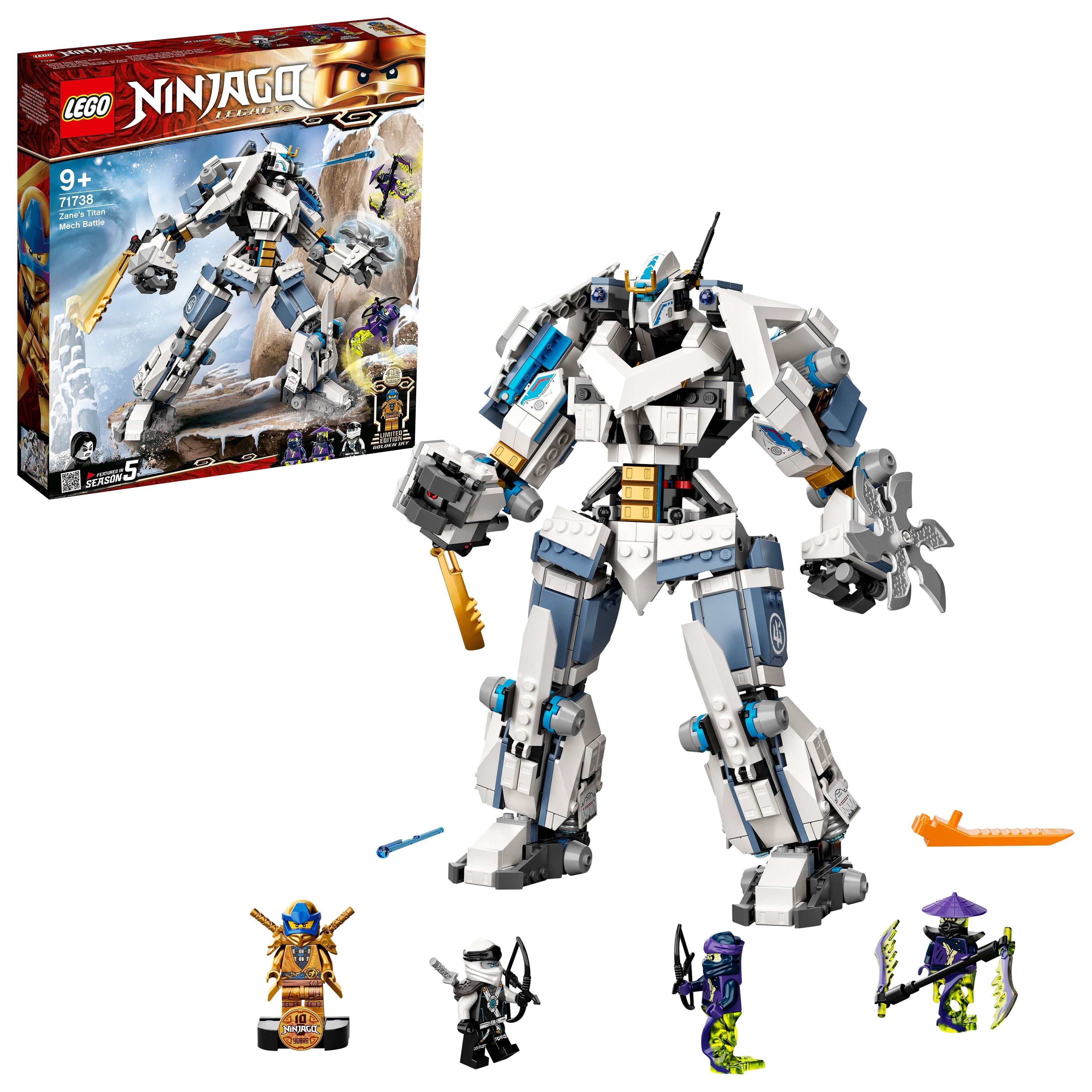 LEGO NINJAGO Legacy Zane’s Titan Mech 71738 building toy with minifigures and box, perfect for ninja adventures.
