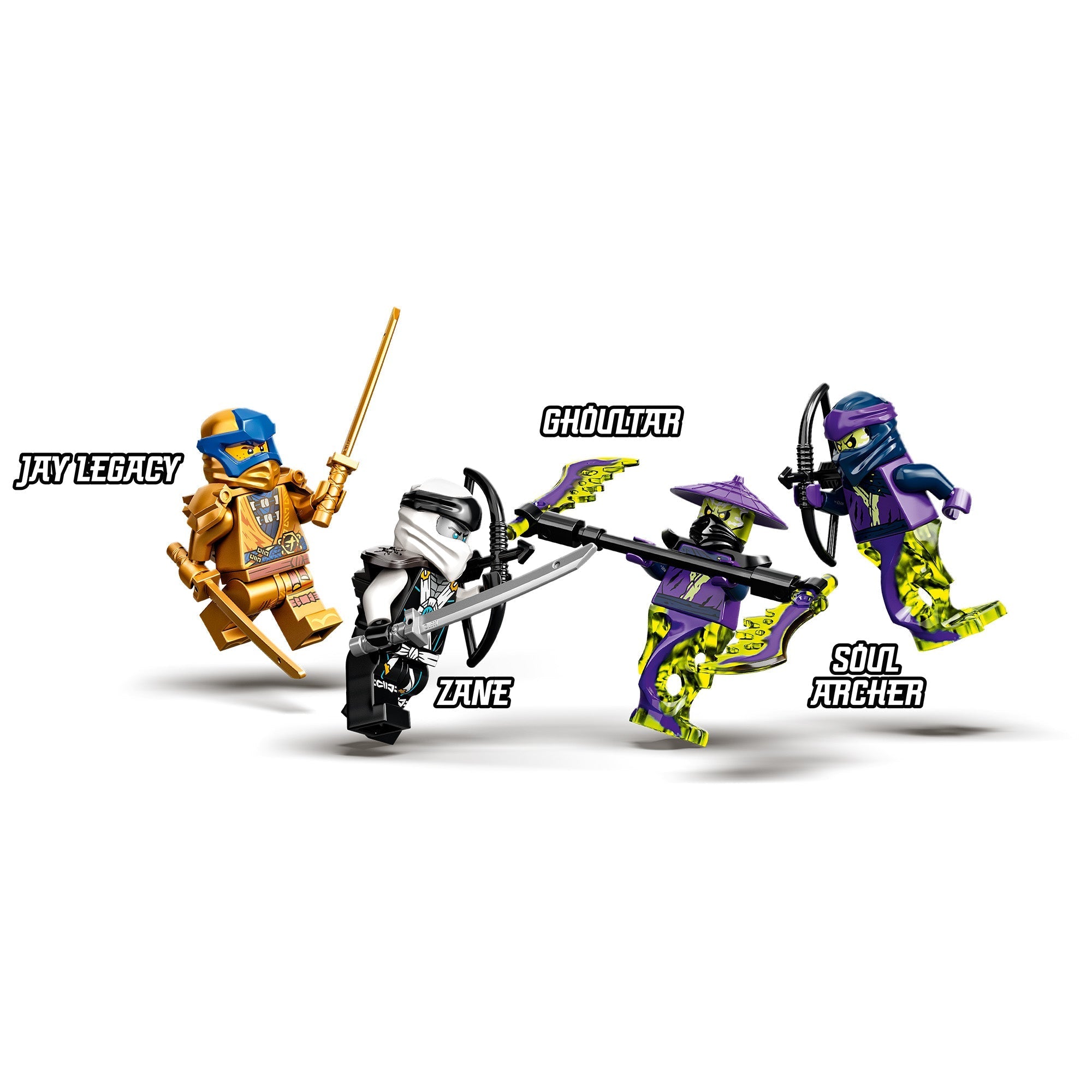 LEGO® NINJAGO figures including Jay Legacy, Zane, Ghoultar, and Soul Archer in an action pose.