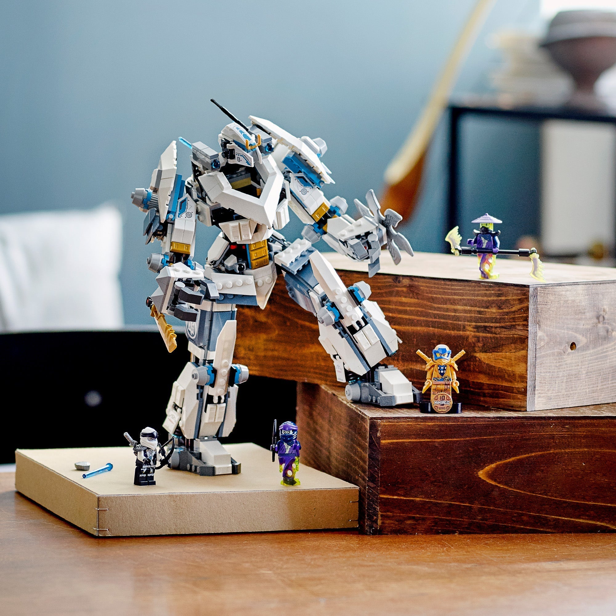 LEGO NINJAGO Zane's Titan Mech 71738 with mini figures on display, perfect for imaginative ninja adventures.