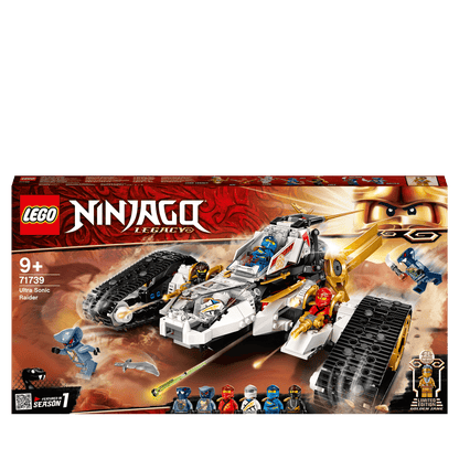 LEGO® NINJAGO Legacy Ultra Sonic Raider Set 71739, featuring 4-in-1 vehicle, motorcycle, and minifigures for kids age 9+.