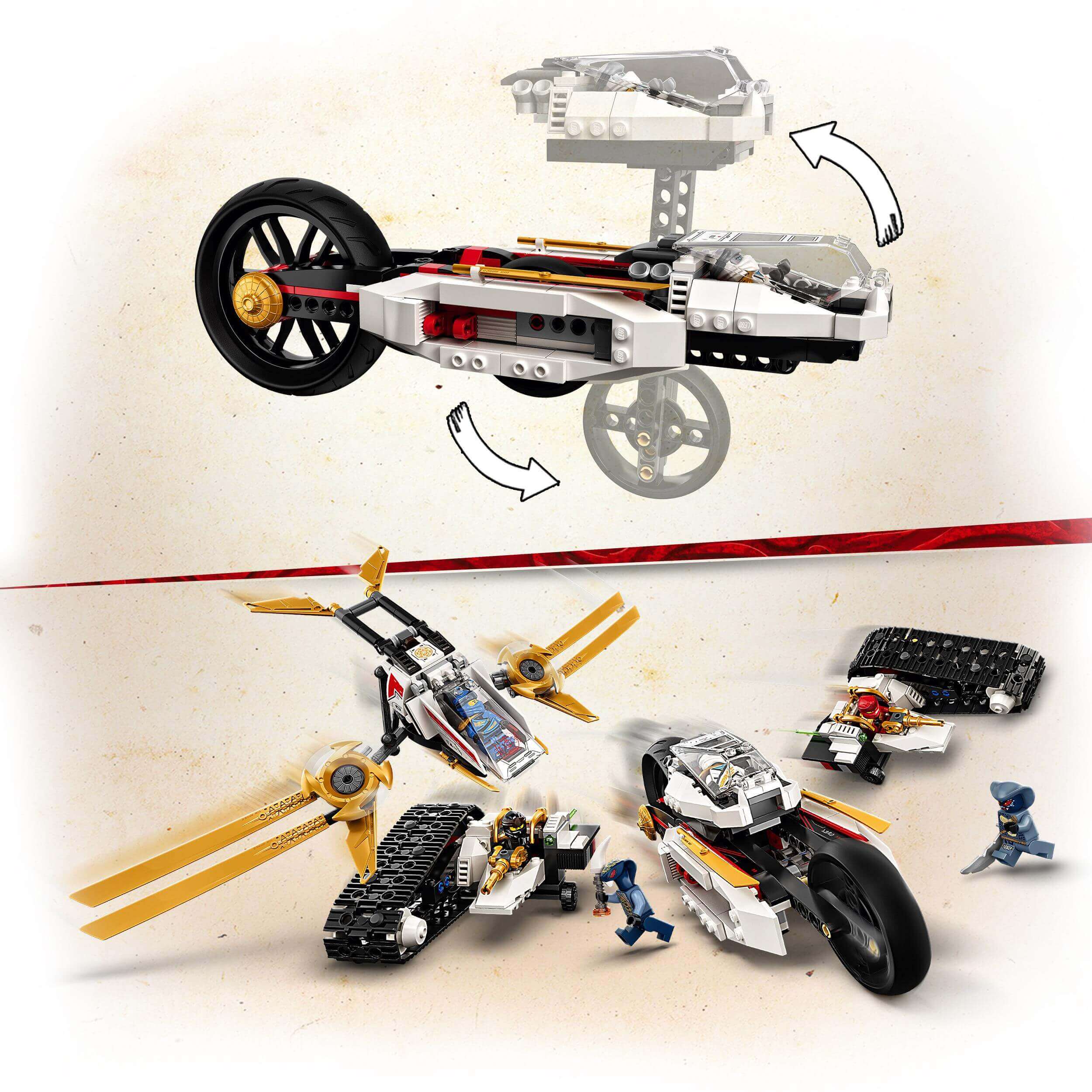 LEGO NINJAGO Legacy Ultra Sonic Raider Set 71739 showcasing 4-in-1 vehicles including a motorcycle, toy plane and all-terrain vehicles.