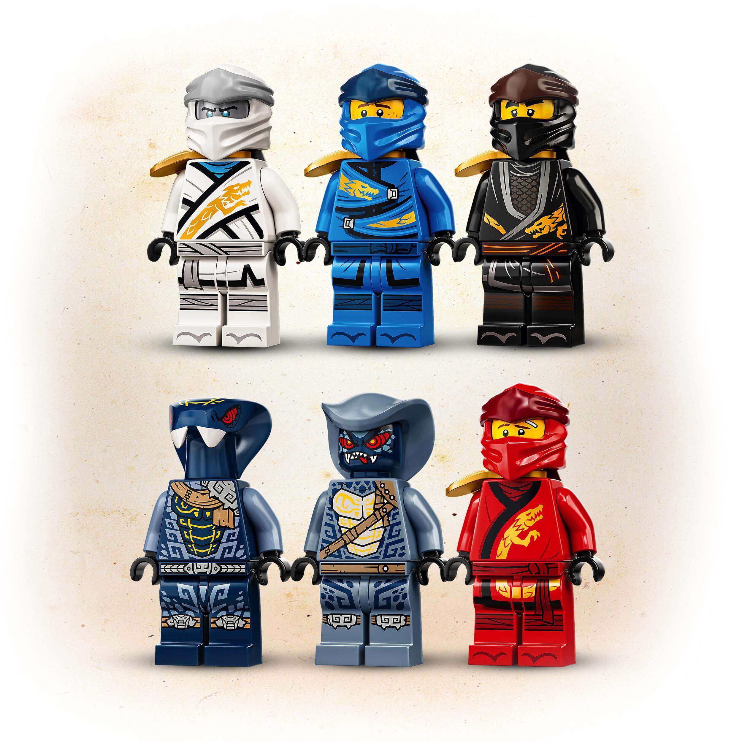 LEGO NINJAGO minifigures in various colors including white, blue, black, and red, perfect for imaginative play.