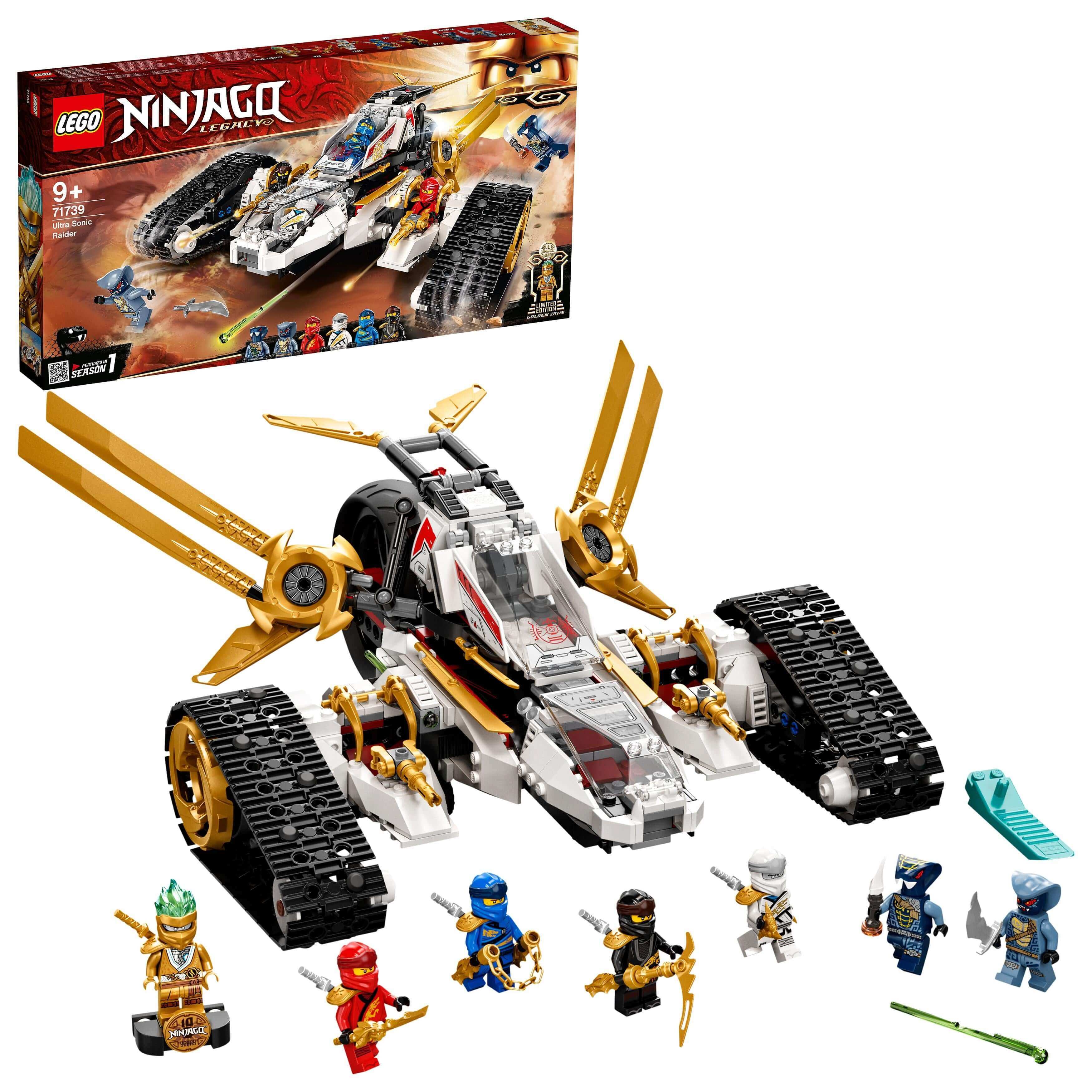 LEGO NINJAGO Legacy Ultra Sonic Raider Set 71739 with minifigures, showcasing 4-in-1 vehicle designs for kids aged 9 and up.
