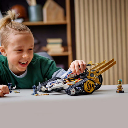 Child playing with LEGO® NINJAGO Ultra Sonic Raider Set 71739, showcasing a 4-in-1 vehicle with joy and creativity.