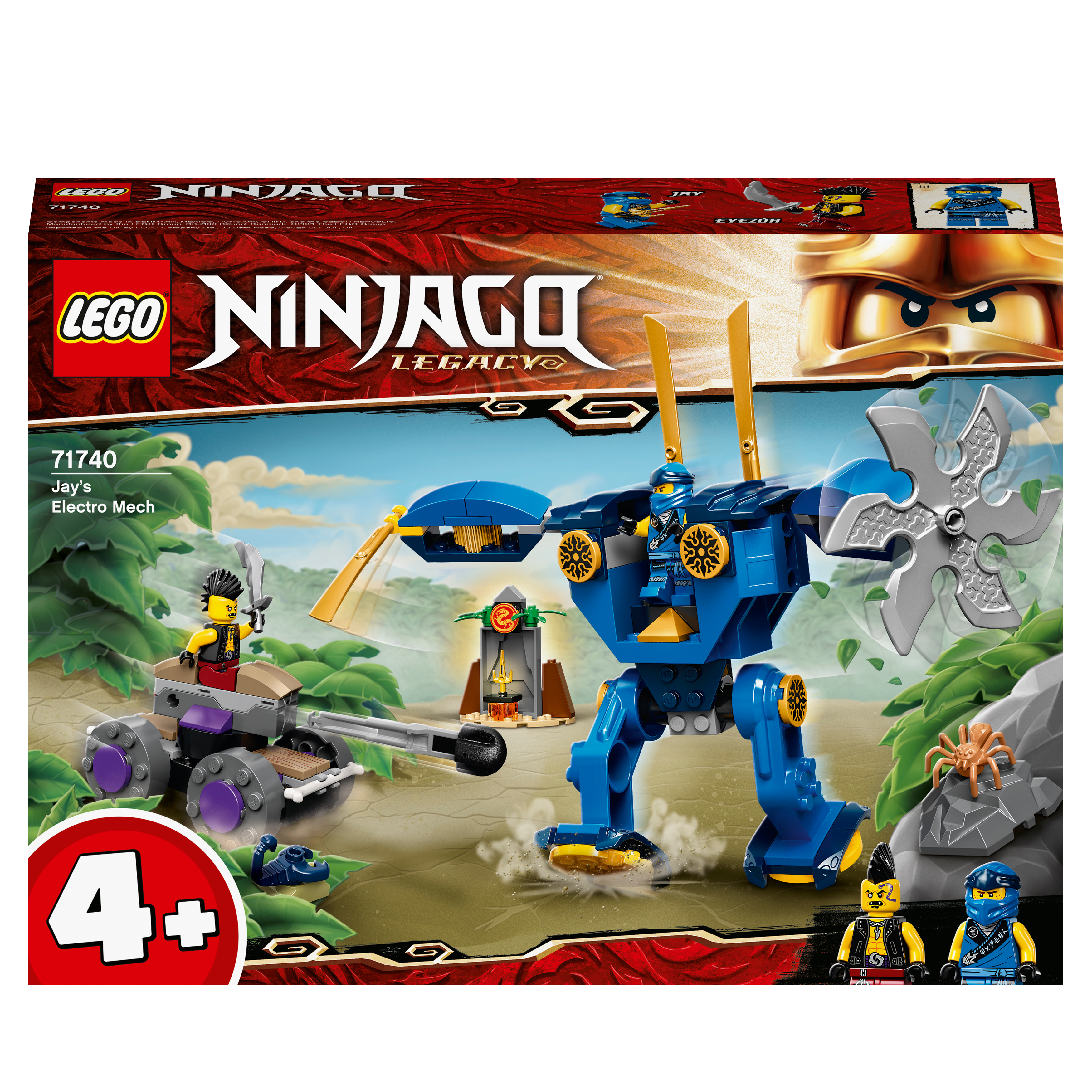 LEGO NINJAGO Legacy Jay’s Electro Mech 71740, featuring a mech, vehicle, and minifigures for young builders.