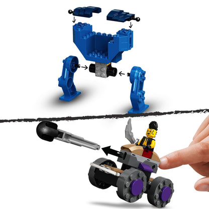 Building LEGO NINJAGO Jay's Electro Mech with minifigures and a vehicle for interactive play.