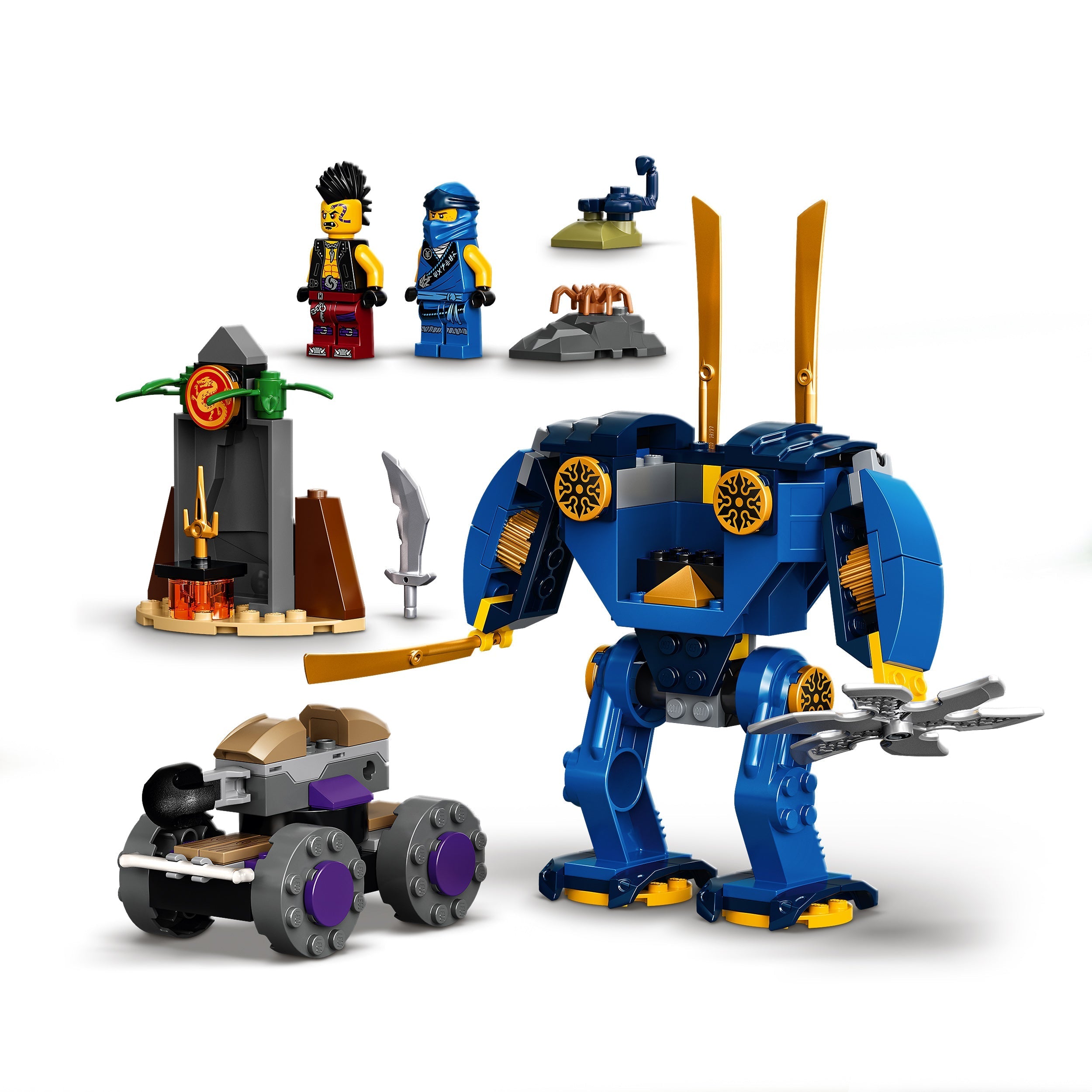 LEGO NINJAGO Legacy Jay’s Electro Mech Toy 71740 with mech, vehicle, minifigures, and accessories.