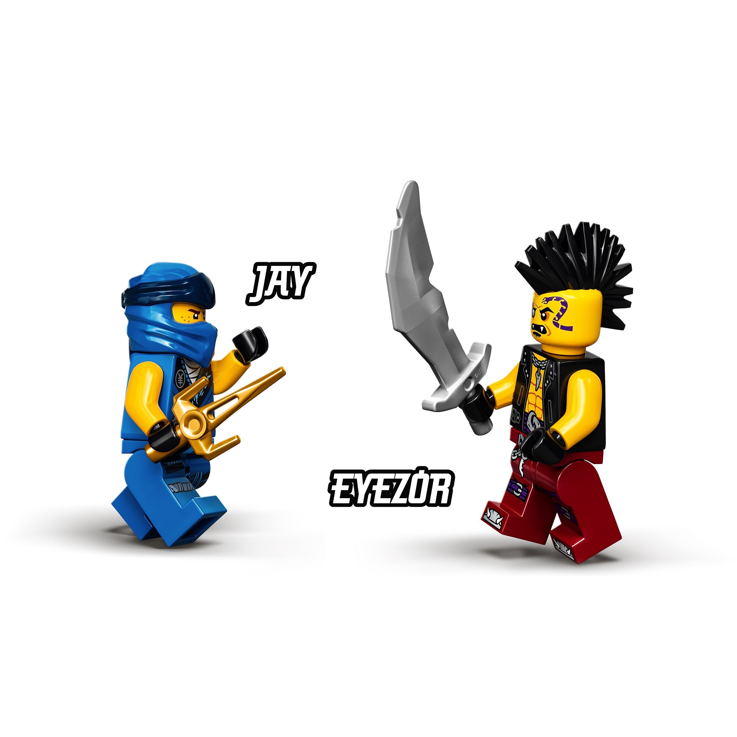 LEGO NINJAGO Jay and Evezor minifigures with weapons from Legacy set 71740, showcasing ninja action and adventure.