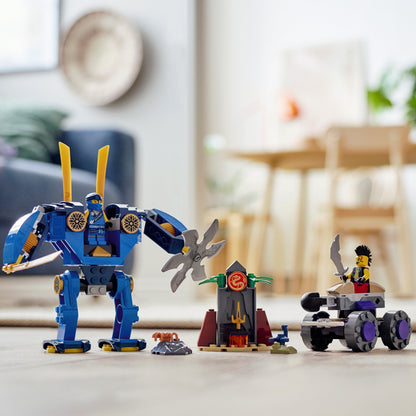 LEGO NINJAGO Legacy Jay’s Electro Mech Toy 71740 with mech, vehicle, and minifigures in a playroom setting.